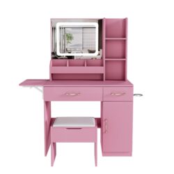 Vanity Desk With LED Mirror Lights And Power Outlet Charging Station, 3 Drawers, 7 Shelves, Storage Stool - Pink