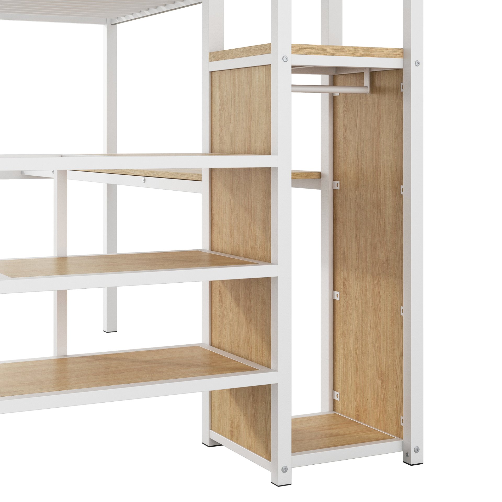 Full Size Loft Bed With Desk, Storage Staircase, Small Wardrobe And LED Light - White - Image 8