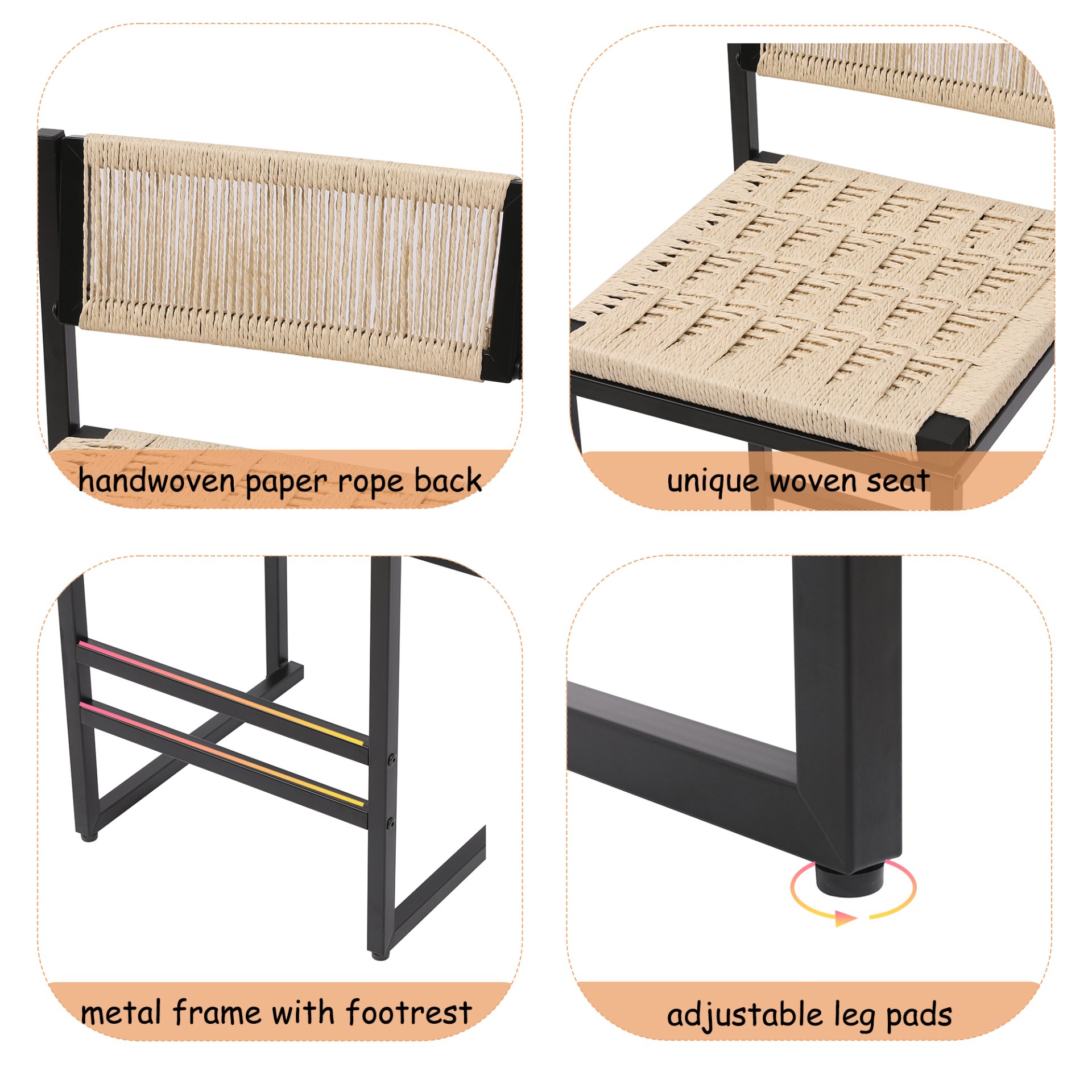 Style B, Woven Bar Stools With Backrest, Paper Rope Weave Dining Chairs For Kitchen Island - Creamy White - Image 8