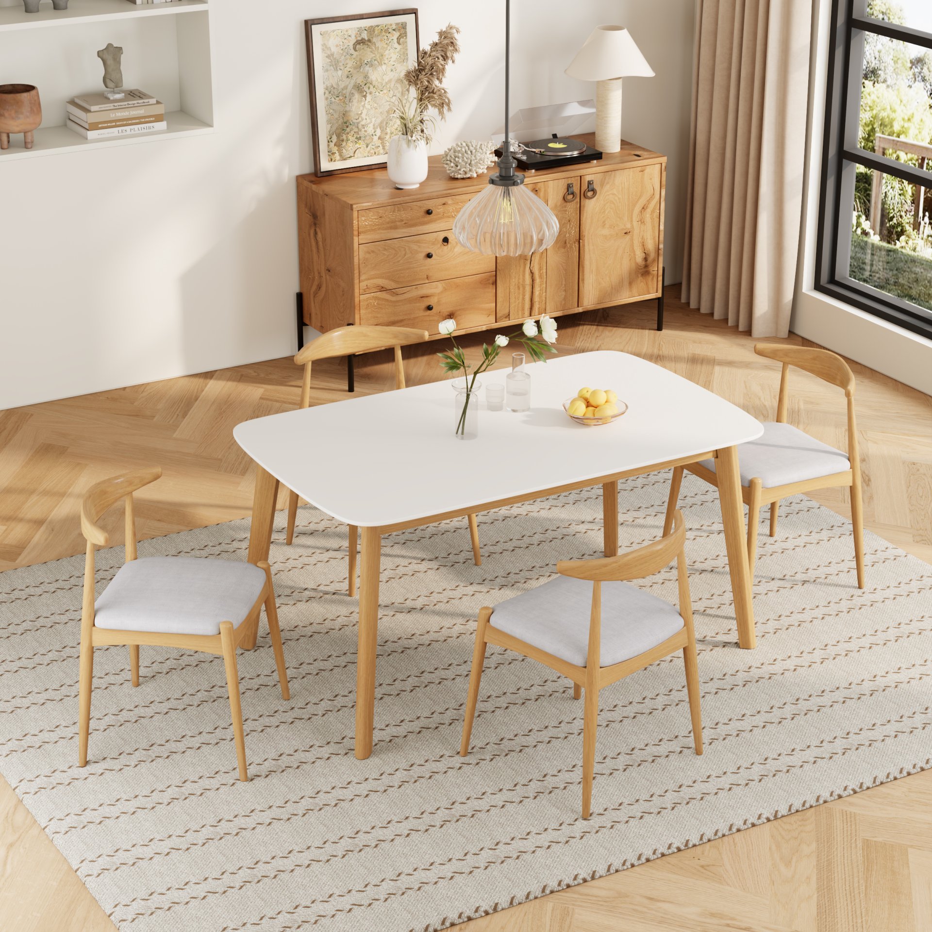 5 Piece Dining Set, Table And 4 Upholstered Chairs - Beige / White / Oak - Image 4