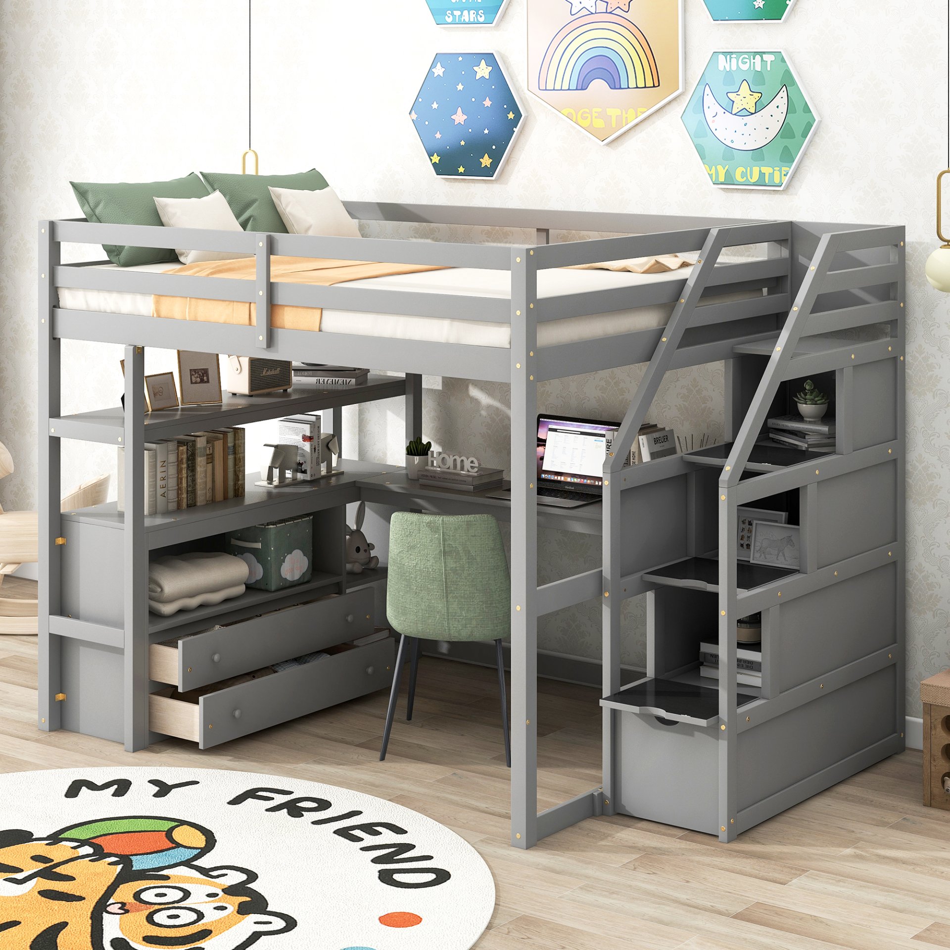 Full Size Loft Bed With Desk, Shelves, 2 Drawers, Storage Staircase - Gray - Image 2