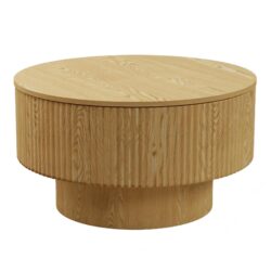 Circular Coffee Table With Stripe Design And Storage Space - Natural Wood