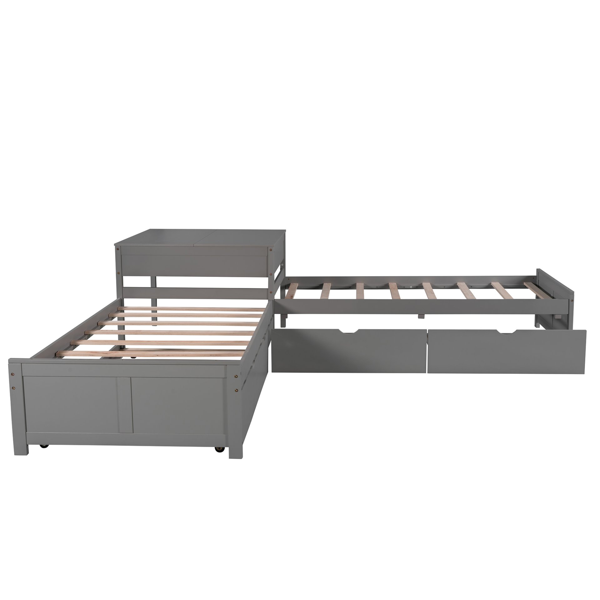 L-Shaped Platform Bed With Trundle And Drawers Linked With Built In Desk, Twin - Gray - Image 10