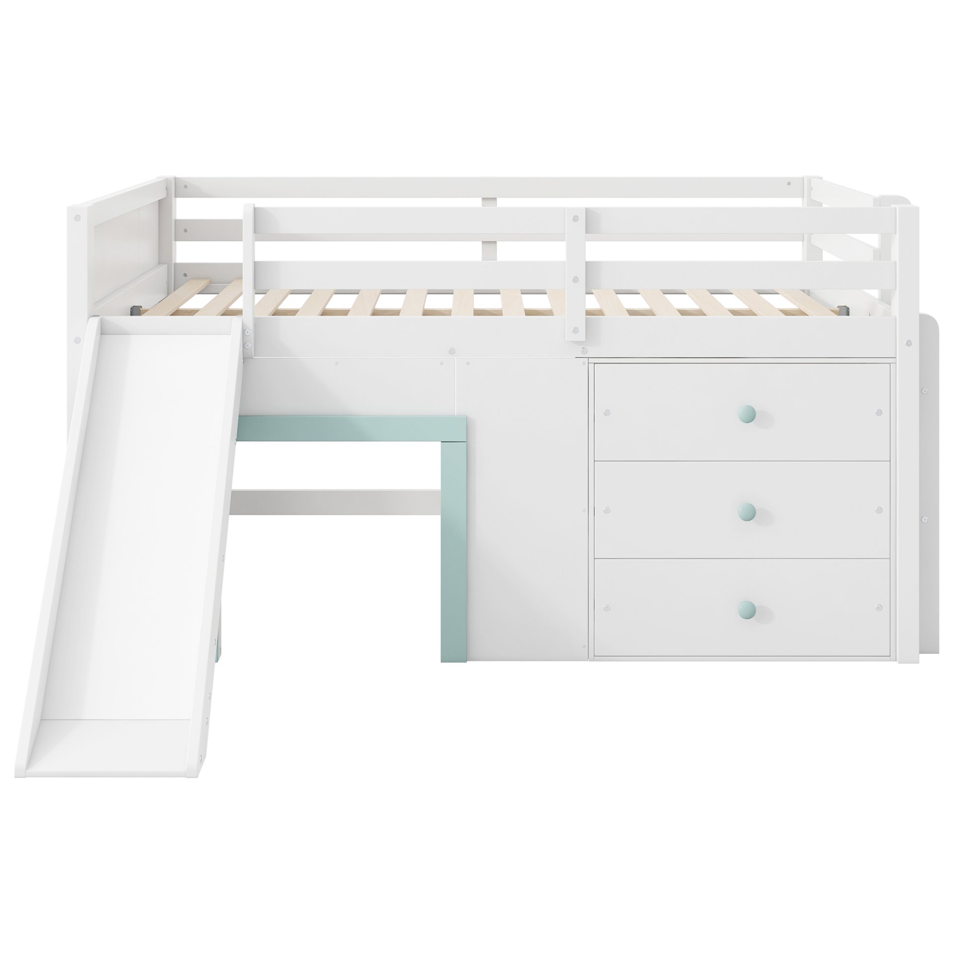 Full Size Low Loft Bed With Slide, Three Storage Drawers, And 2 Doors - White - Image 12