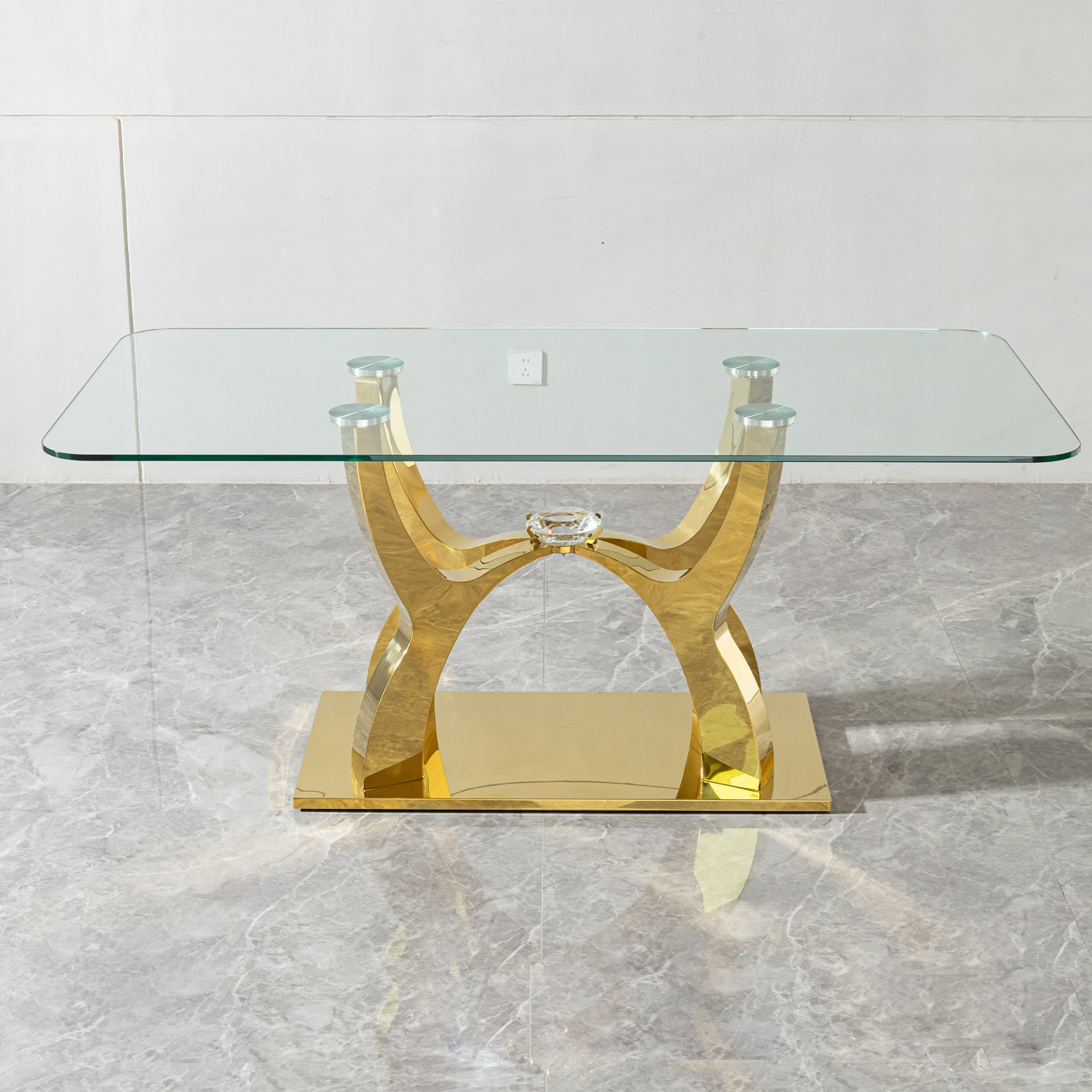 Tempered Clear Glass Rectangular Dining Table With Stainless Steel Base - Gold - Image 4