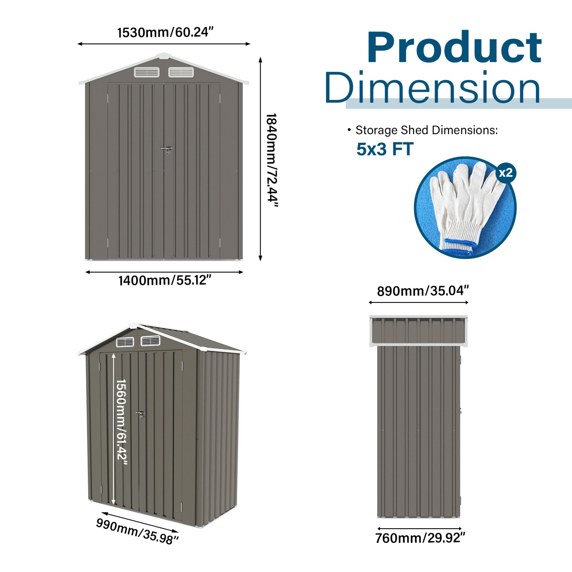 5 X 3 Ft Compact Metal Outdoor Storage Shed With Pitched Roof, Lockable Door - Gray - Image 3