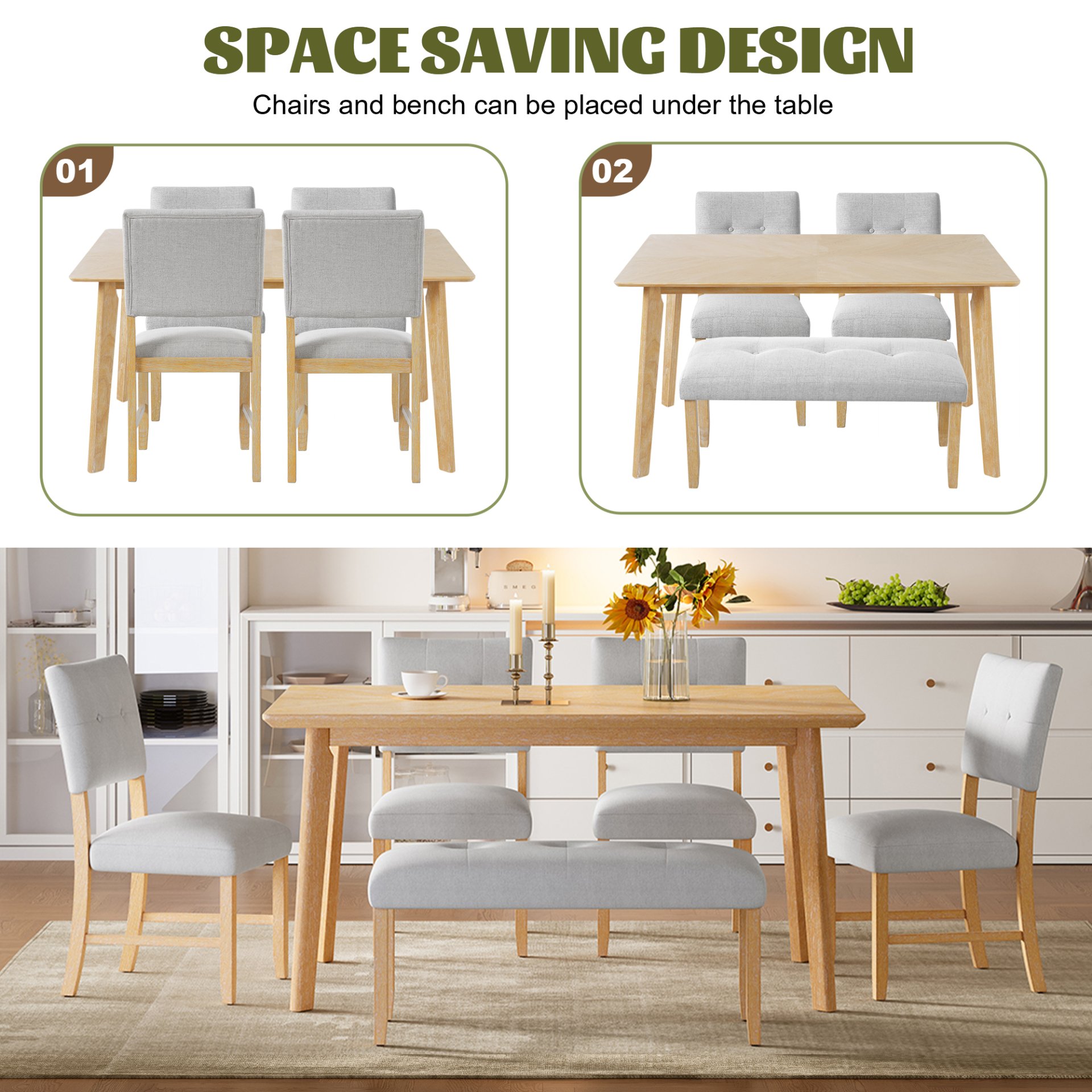 6 Pieces Dining Room Table Set, Rustic Farmhouse Dining Room Rectangular Table With 4 Upholstered Chairs And Bench, Solid Wood Kitchen Dining Table Set For 6 Persons - Natural Wood Wash - Image 9