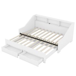 Twin To King Daybed Frame With Storage Bookcases And 2 Drawers, Charging Station - White