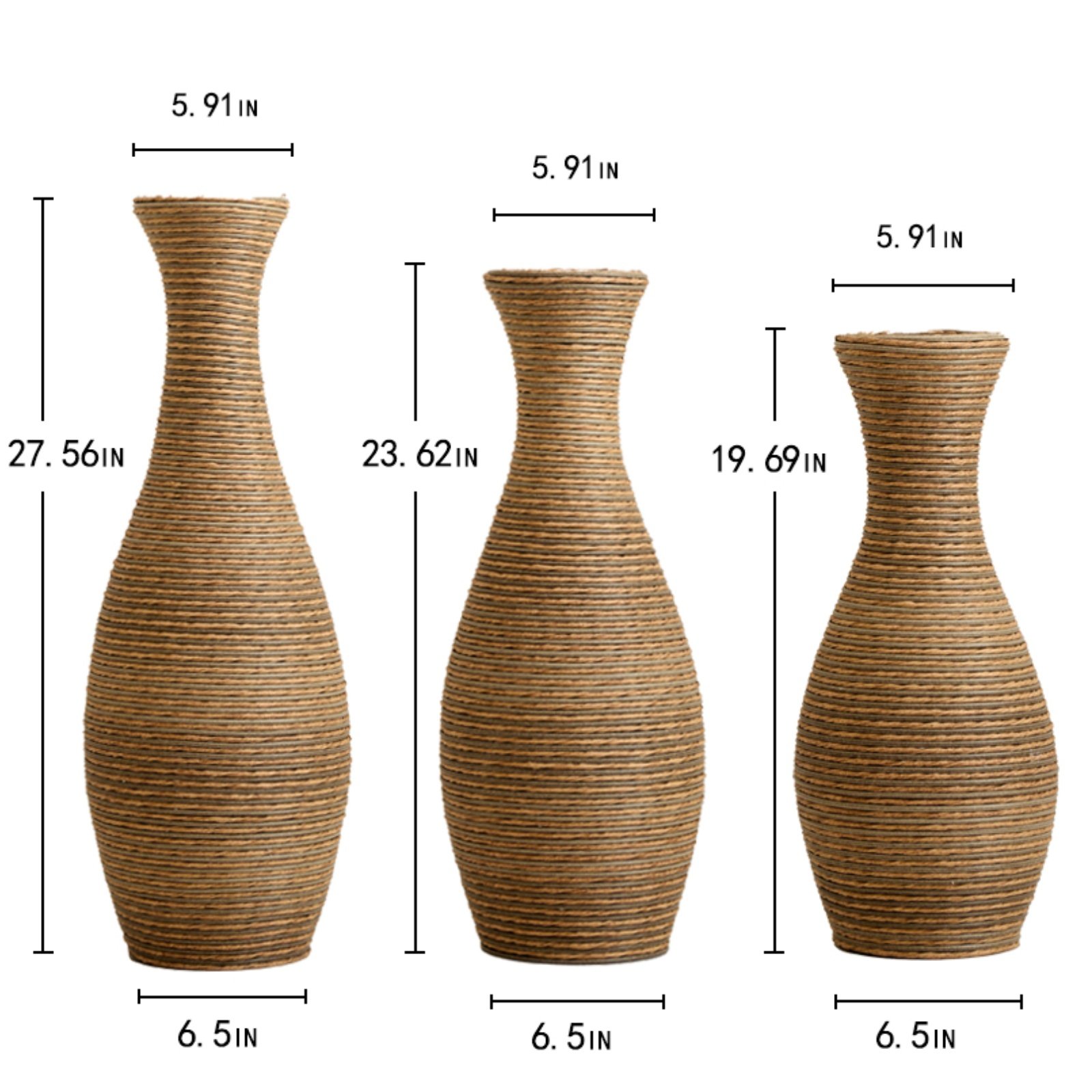 3 Piece Artificial Rattan Floor Vase Set Decorative Accent For Living Room, Hallway & Entryway, Ideal For Dried Or Silk Flower Arrangements - Beige - Image 3