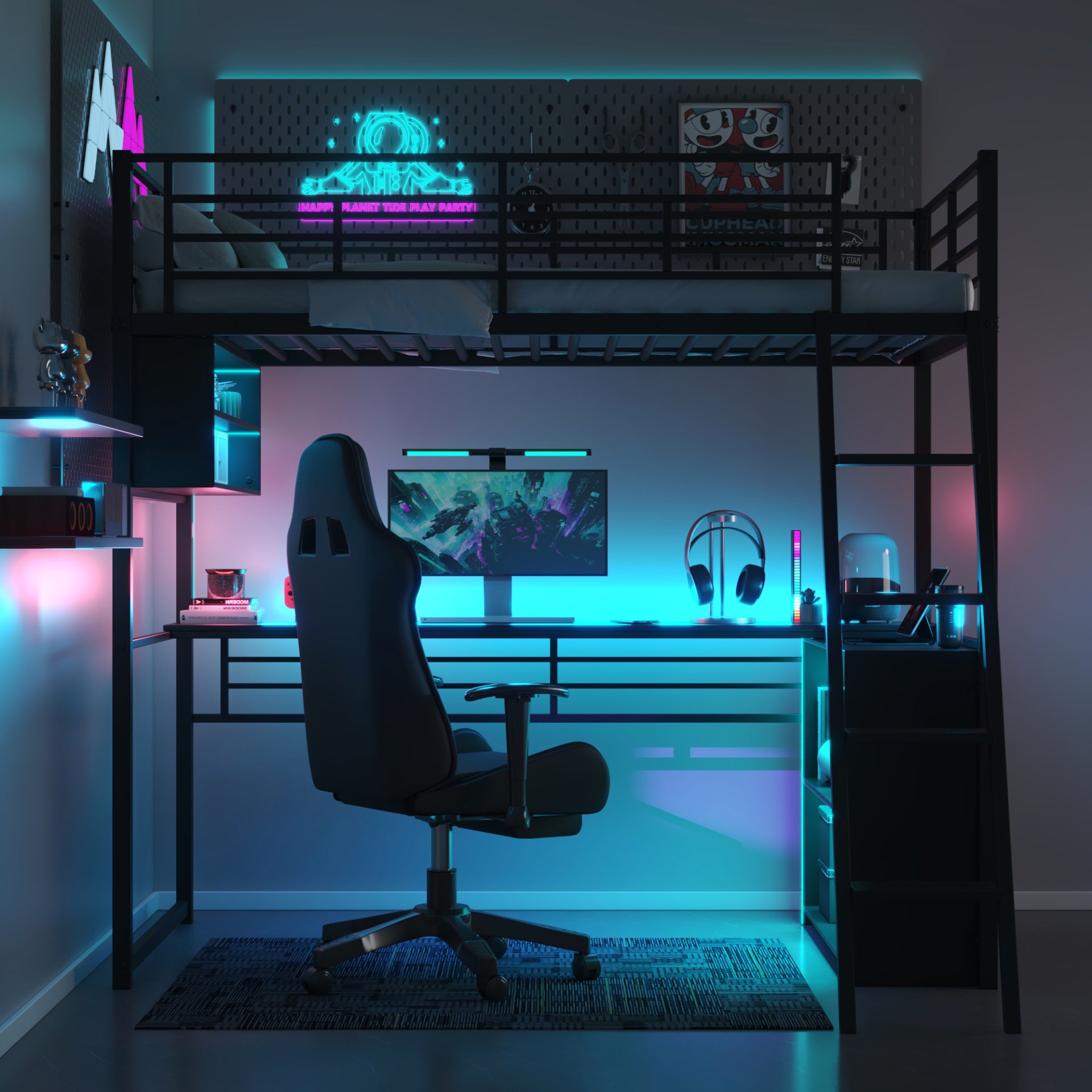 Twin Size Loft Bed With LED Desk And 4 Storage Shelves - Black - Image 2