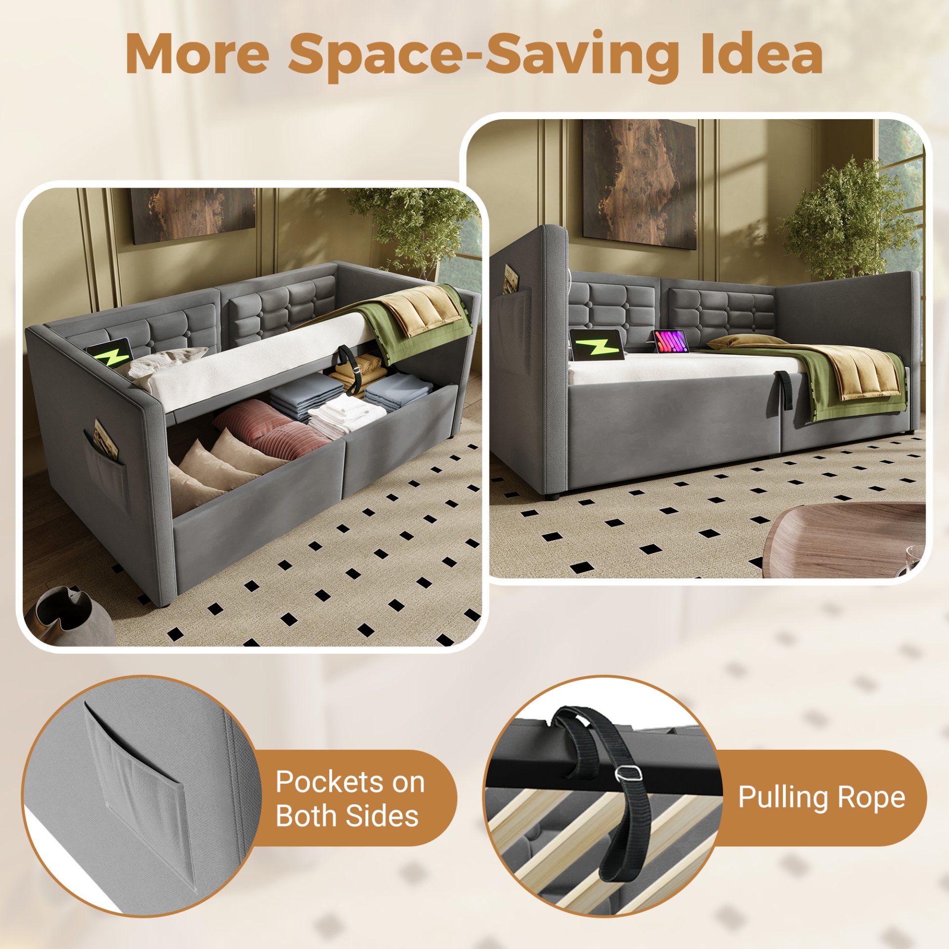 Twin Size Upholstered Hydraulic Storage Daybed With USB & Type C Charging - Gray - Image 6