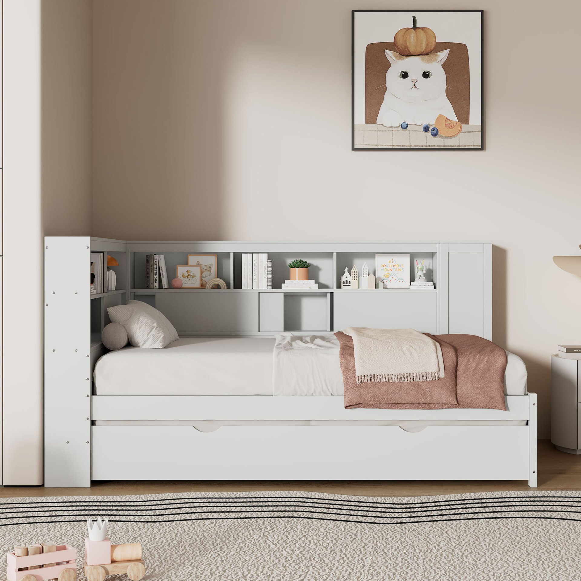 Twin Size Daybed With Storage Shelves, USB Charging, And Trundle Bed - White - Image 6