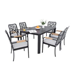 7 Pieces Outdoor Patio Furniture Set, Modern Dining Set With 6 Dining Chairs Sunbrella Fabric, Rectangular Table With Umbrella Hole - Bourbon Brown