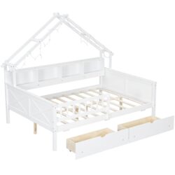 House Style Full Size Platform Bed With LED Lights, Storage Shelves, Drawers, And Guardrail - White