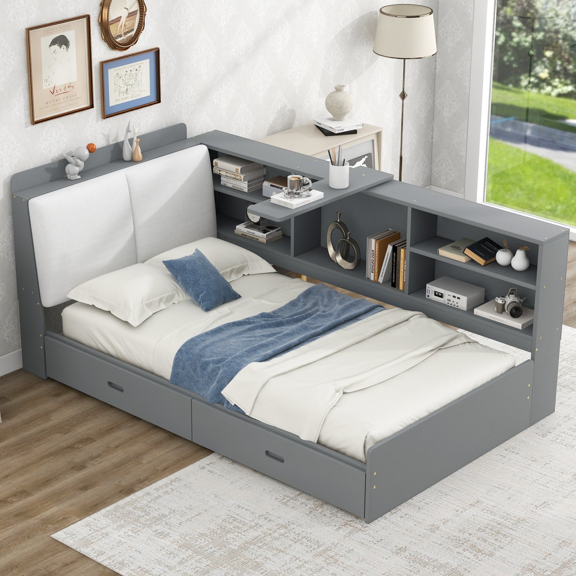 Twin Size Platform Bed With Storage Headboard, Shelves And 2 Drawers - Antique Gray - Image 4