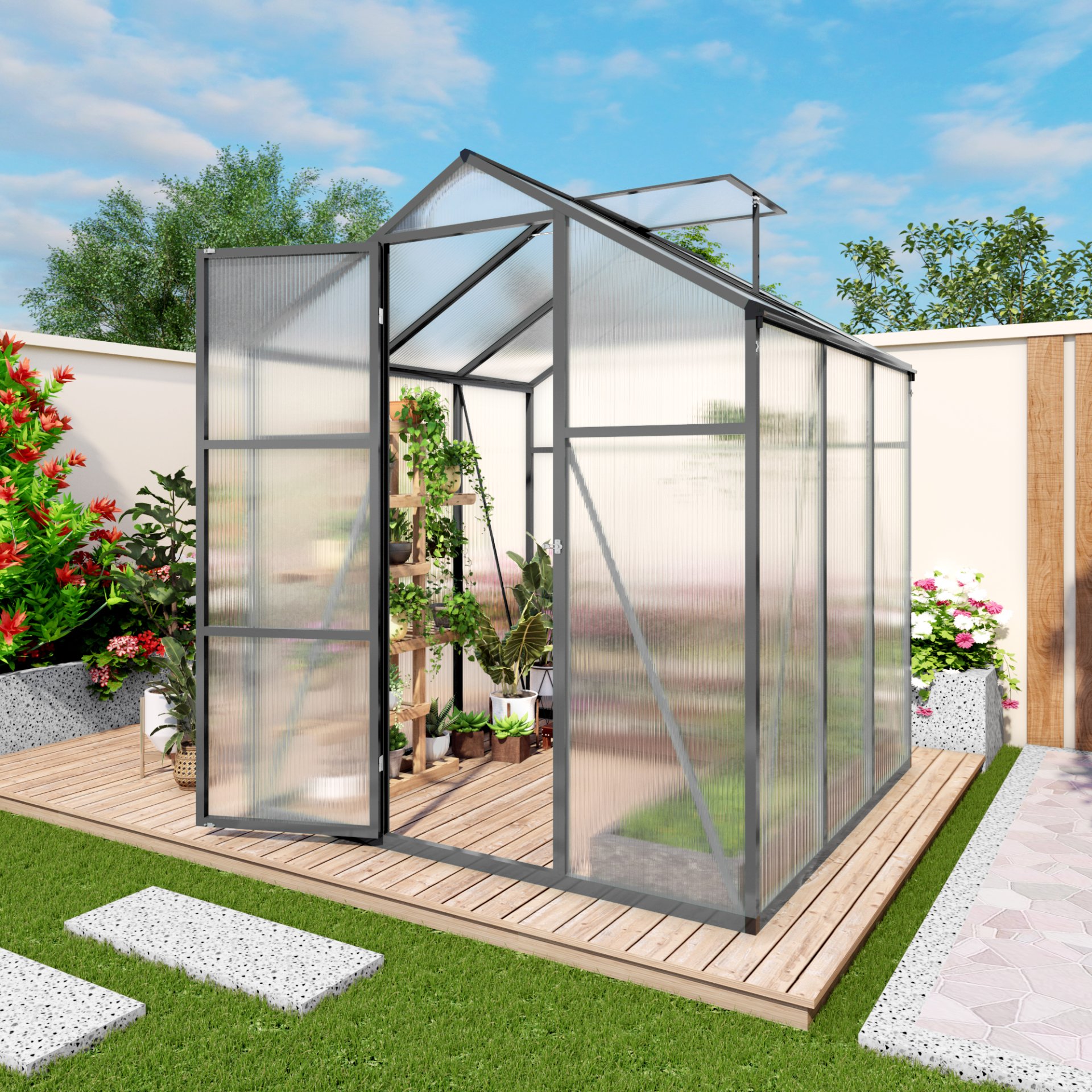 Gain Height Windproof Greenhouse 6 X 6 Ft Polycarbonate With Raised Base And Anchor Alloy Frame, All Season Outdoor Garden House - Black - Image 2