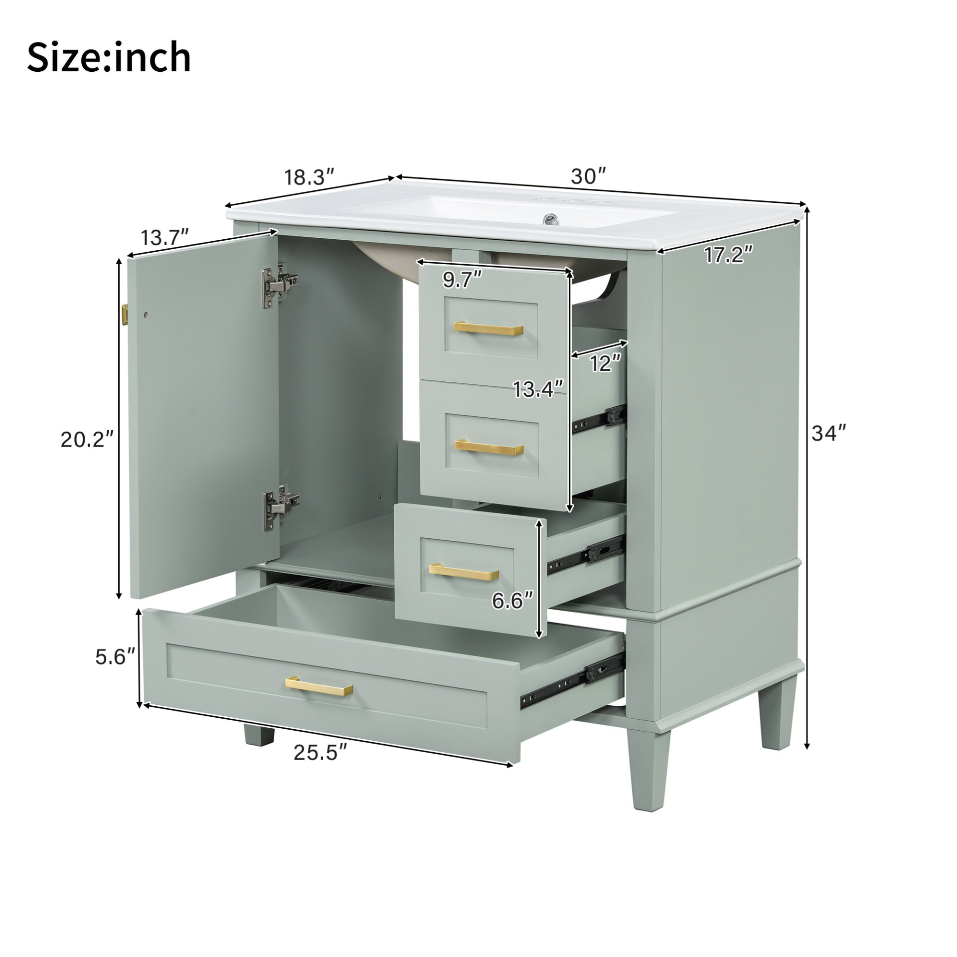 30" Bathroom Vanity Set With Sink, Featuring Soft Close Doors, And 3 Drawer Design - Sage Green - Image 3