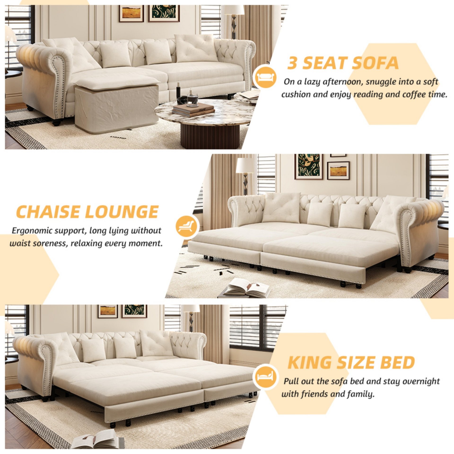 3 In 1 Pull Out Sofa Bed, Convertible Sleeper Sofa Bed, 3 Seater Sofa With Movable Ottoman - Beige - Image 11