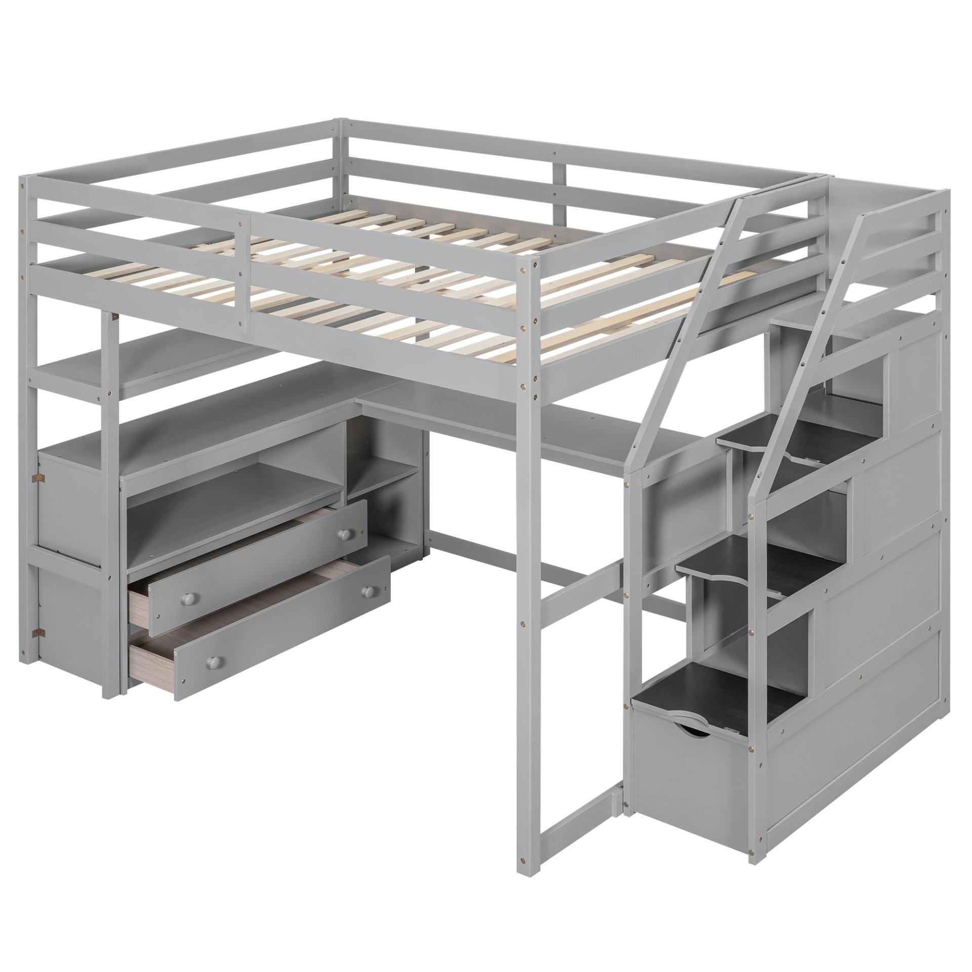Full Size Loft Bed With Desk, Shelves, 2 Drawers, Storage Staircase - Gray - Image 8