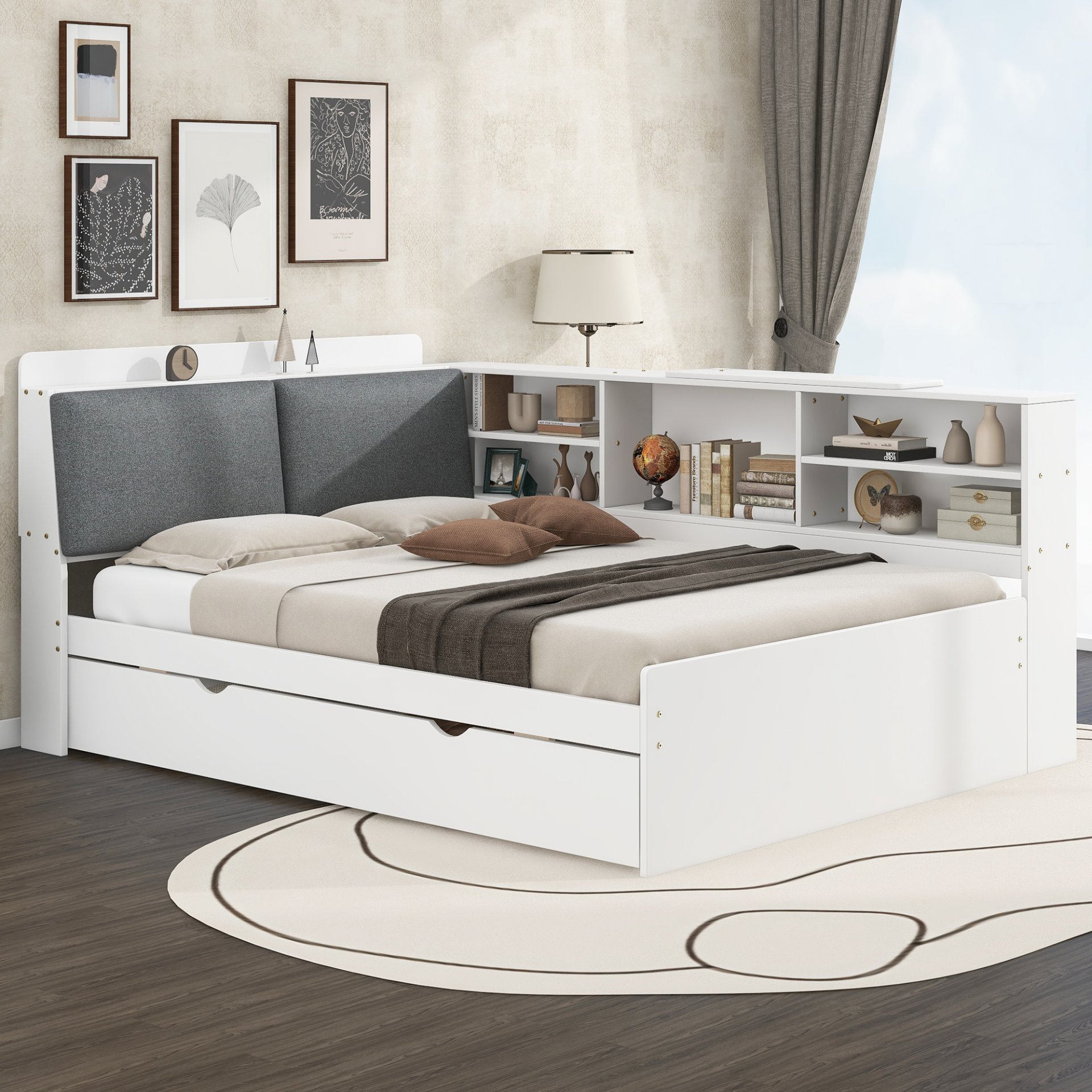 Full Size Platform Bed With Trundle, Shelves, And Storage Headboard - White - Image 2