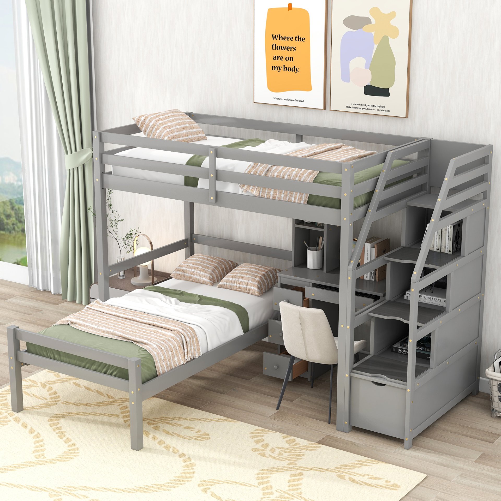 Twin Size Loft Bed With Stand Alone Bunk, Storage Staircase, Desk, Shelves, And Drawers - Gray - Image 2