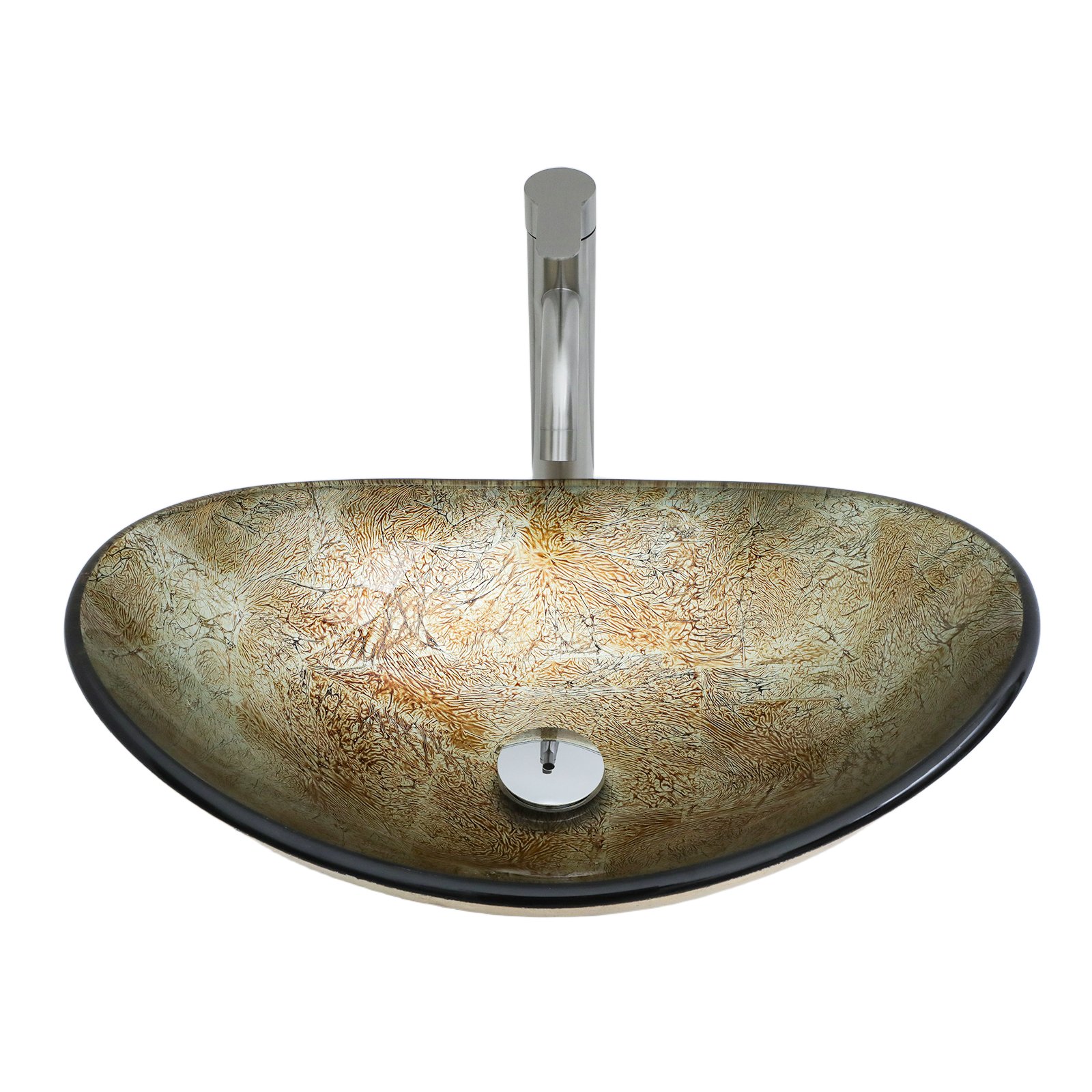 Vessel Sink With Chrome Pop Up Drain, Boat Shape Bathroom Sink Above Counter - Gold - Image 6