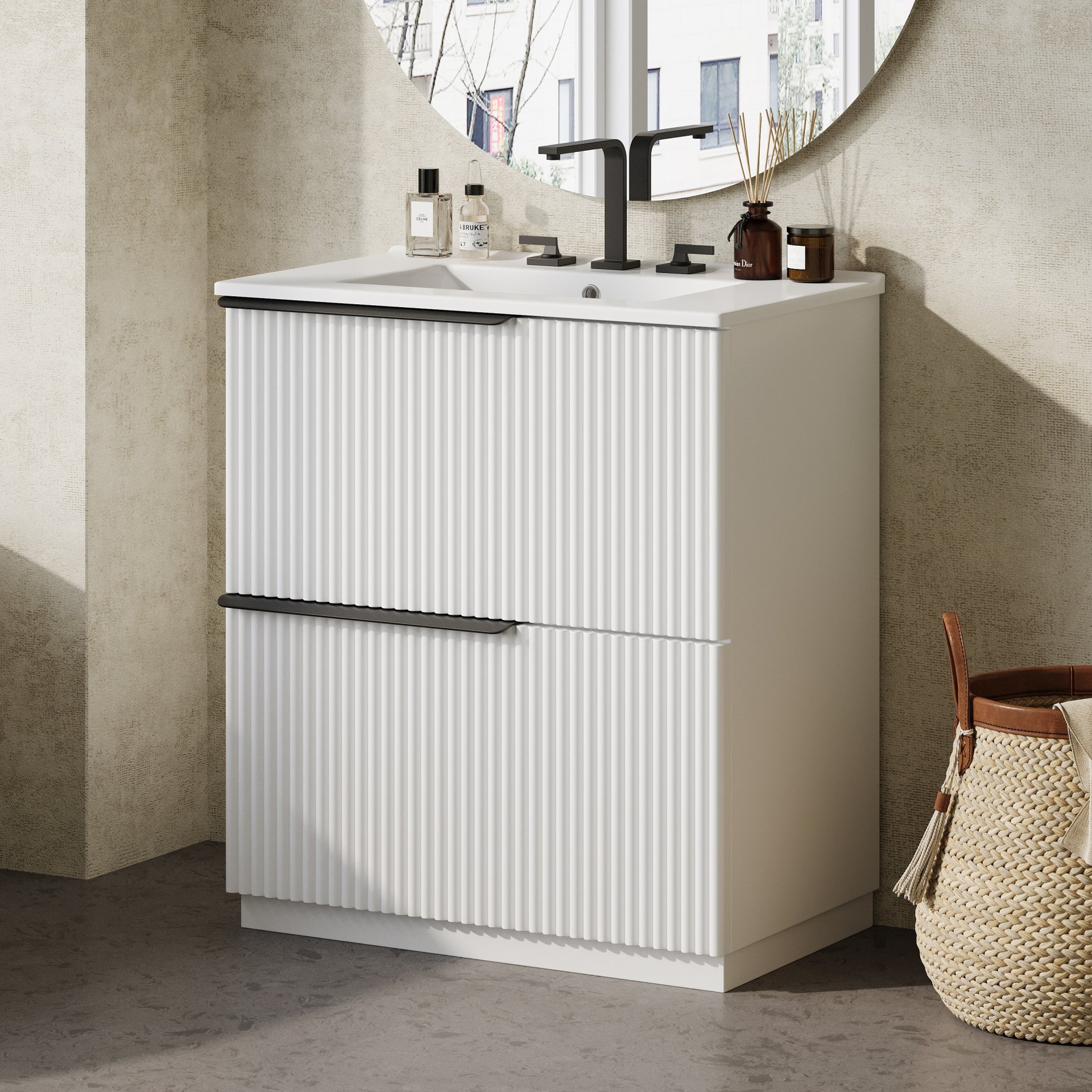 Fluted Bathroom Vanity With Sink, Full Extension Soft Close Drawers - White - Image 4