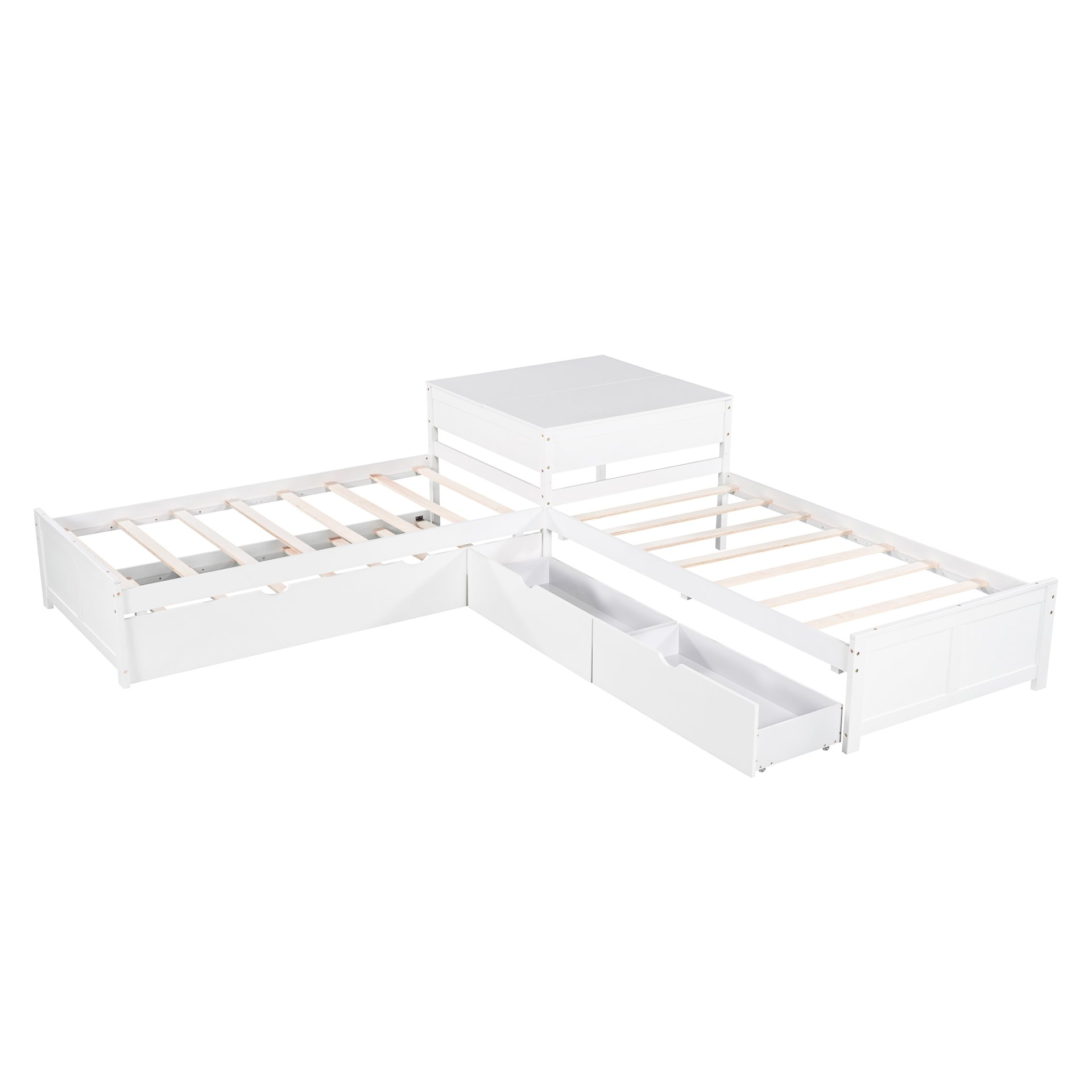 L-Shaped Platform Bed With Trundle And Drawers Linked With Built In Desk, Twin - White - Image 8