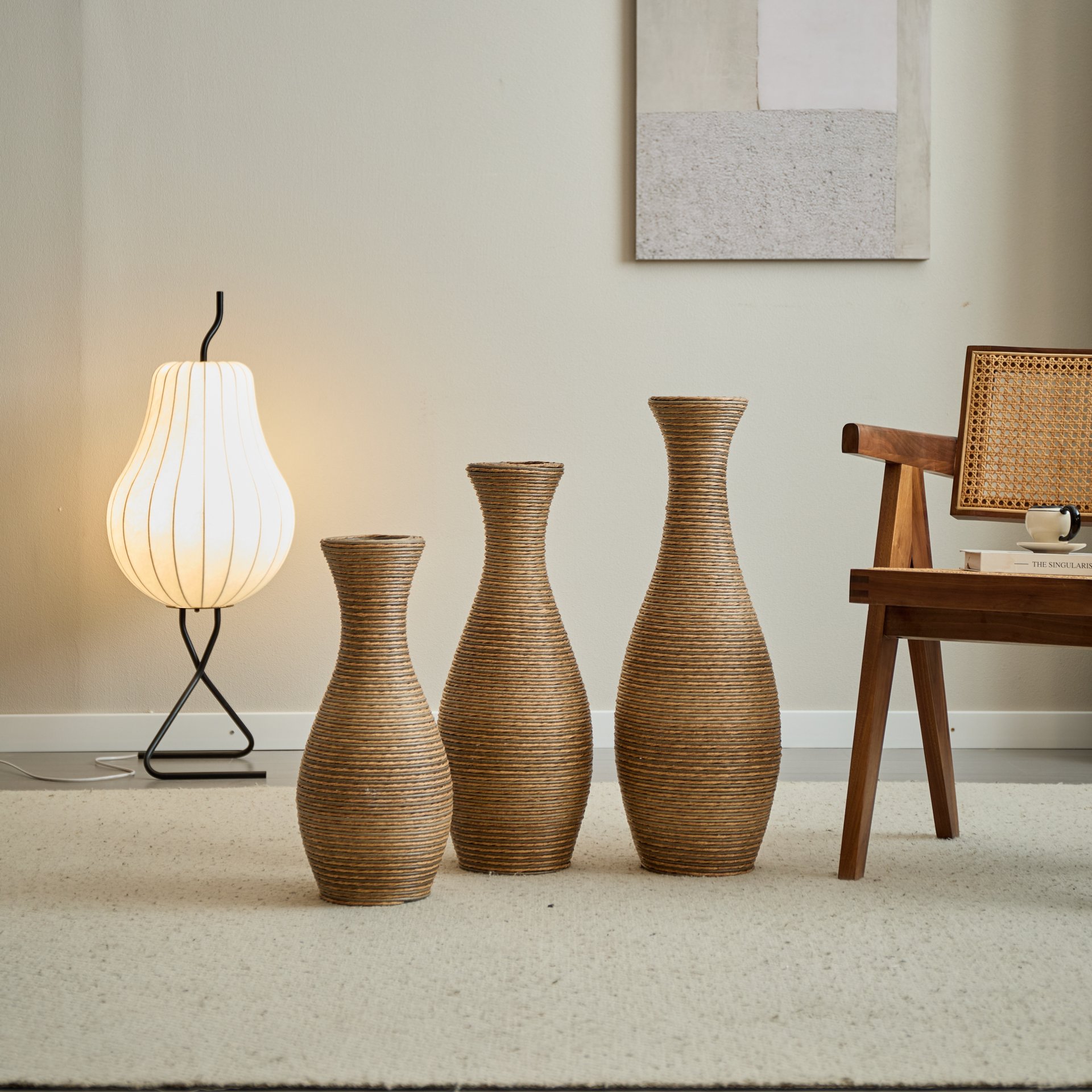 3 Piece Artificial Rattan Floor Vase Set Decorative Accent For Living Room, Hallway & Entryway, Ideal For Dried Or Silk Flower Arrangements - Beige - Image 16