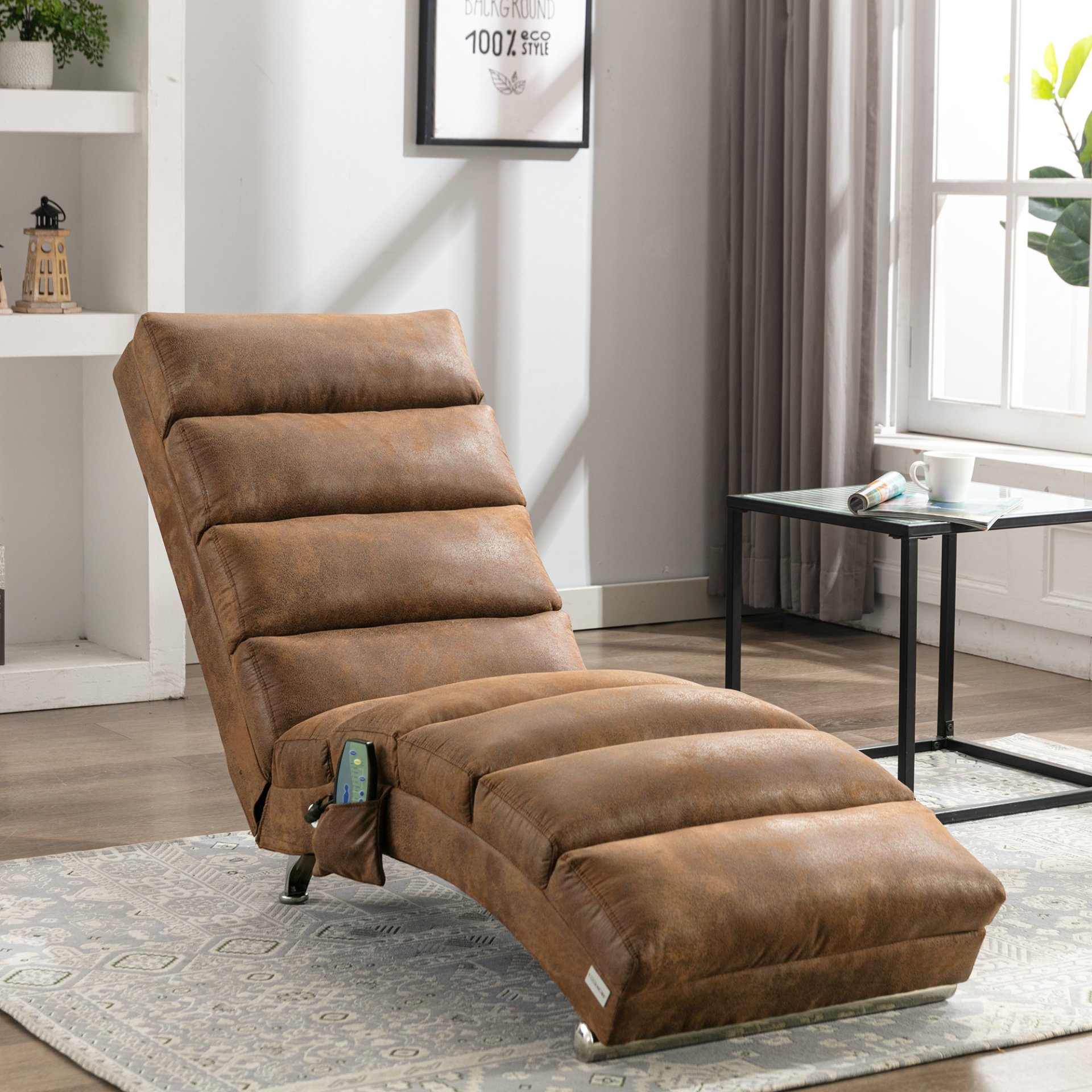 Linen Massage Chaise Lounge Indoor With Remote Control, Ergonomic Electric Massage Long Lounger - Coffee - Image 2