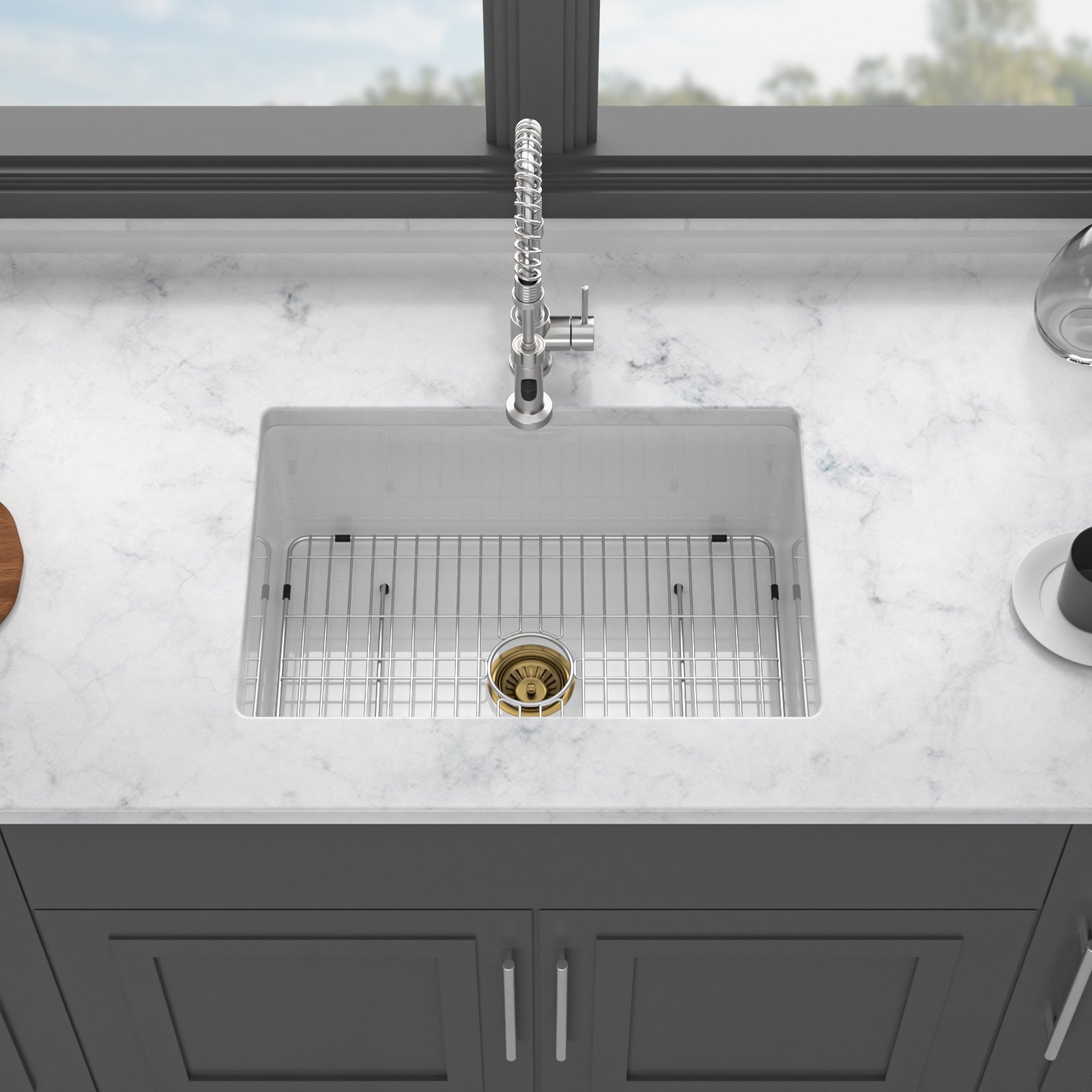 30" Undermount Single Bowl Kitchen Sink Dual Mount Rectangular Deep Bowl With Grid And Strainer - White - Image 8