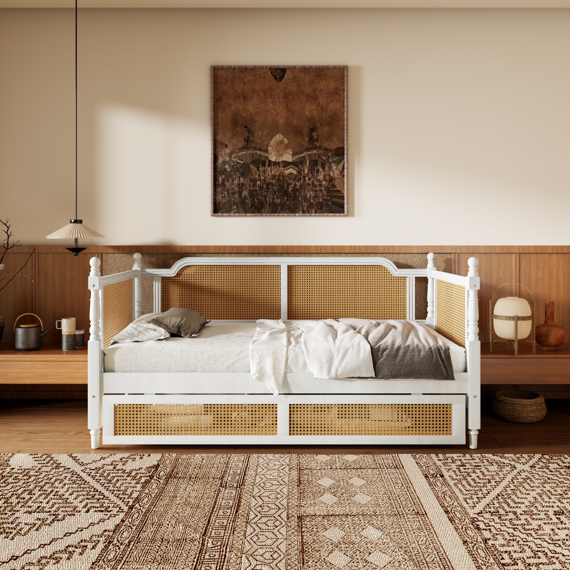 Traditional Style Rattan Twin Size Daybed With 2 Drawers For Limited Space, Guest Room, No Box Spring Needed - Antique White - Image 6