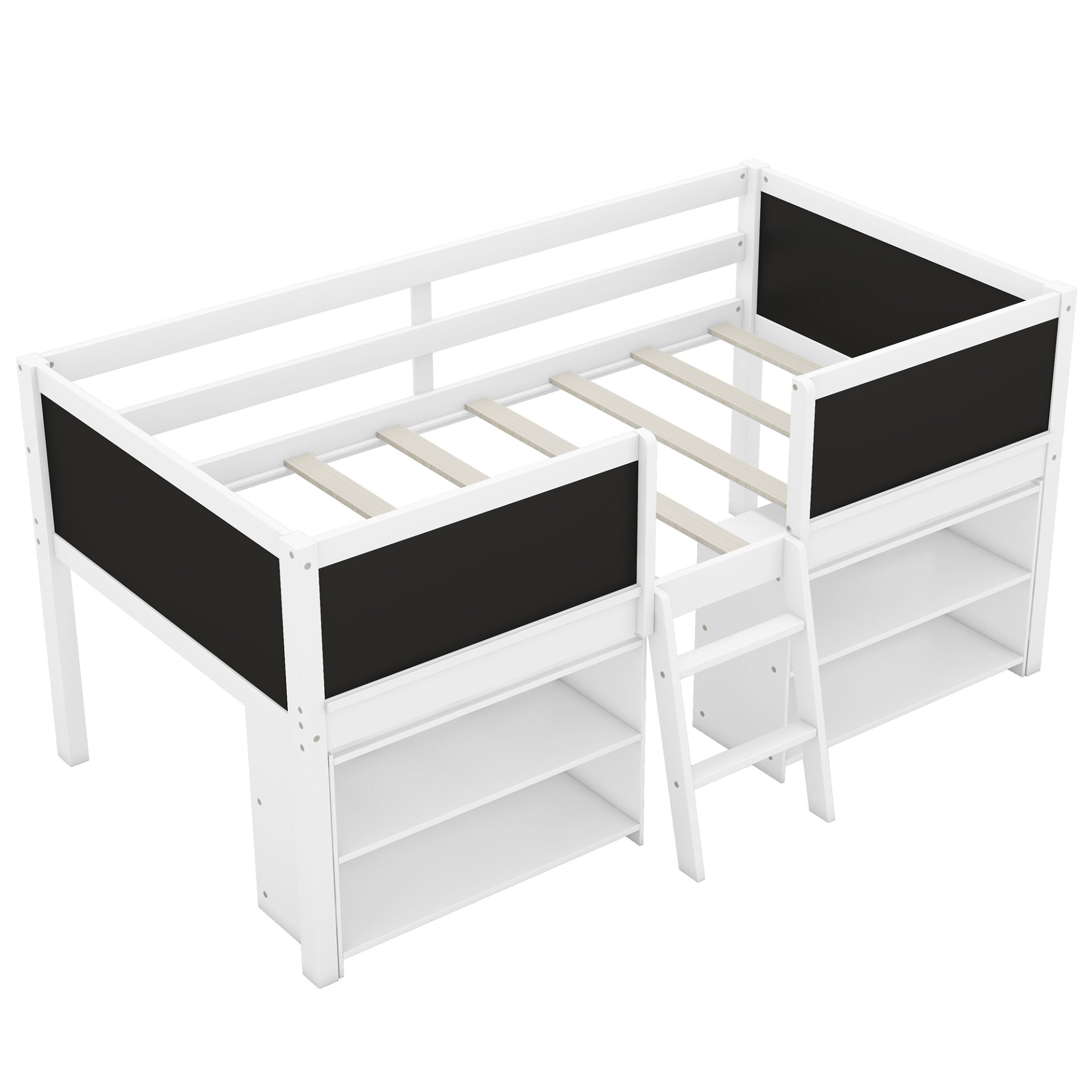 Twin Size Low Loft Bed With Movable Shelves And Ladder, Decorative Chalkboard Guardrail - White - Image 9