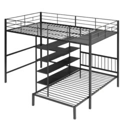 Full Over Twin Bunk Bed With Built In Desk, Shelves And Ladder - Black
