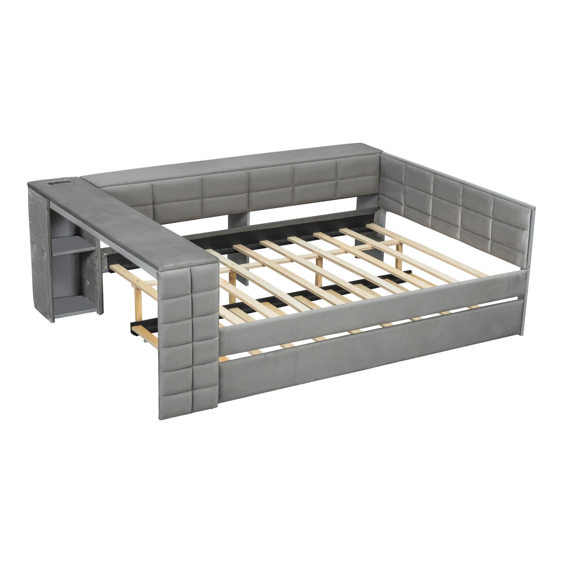 Upholstered Full Size Platform Bed With Storage Shelves, Desk, Charging Station And Trundle - Gray - Image 11