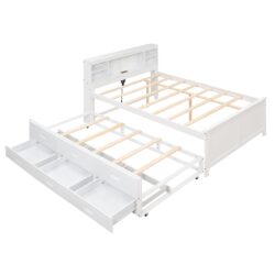 Full Size Platform Bed With Storage Headboard, USB Ports, Twin Trundle, 3 Drawers Construction - White