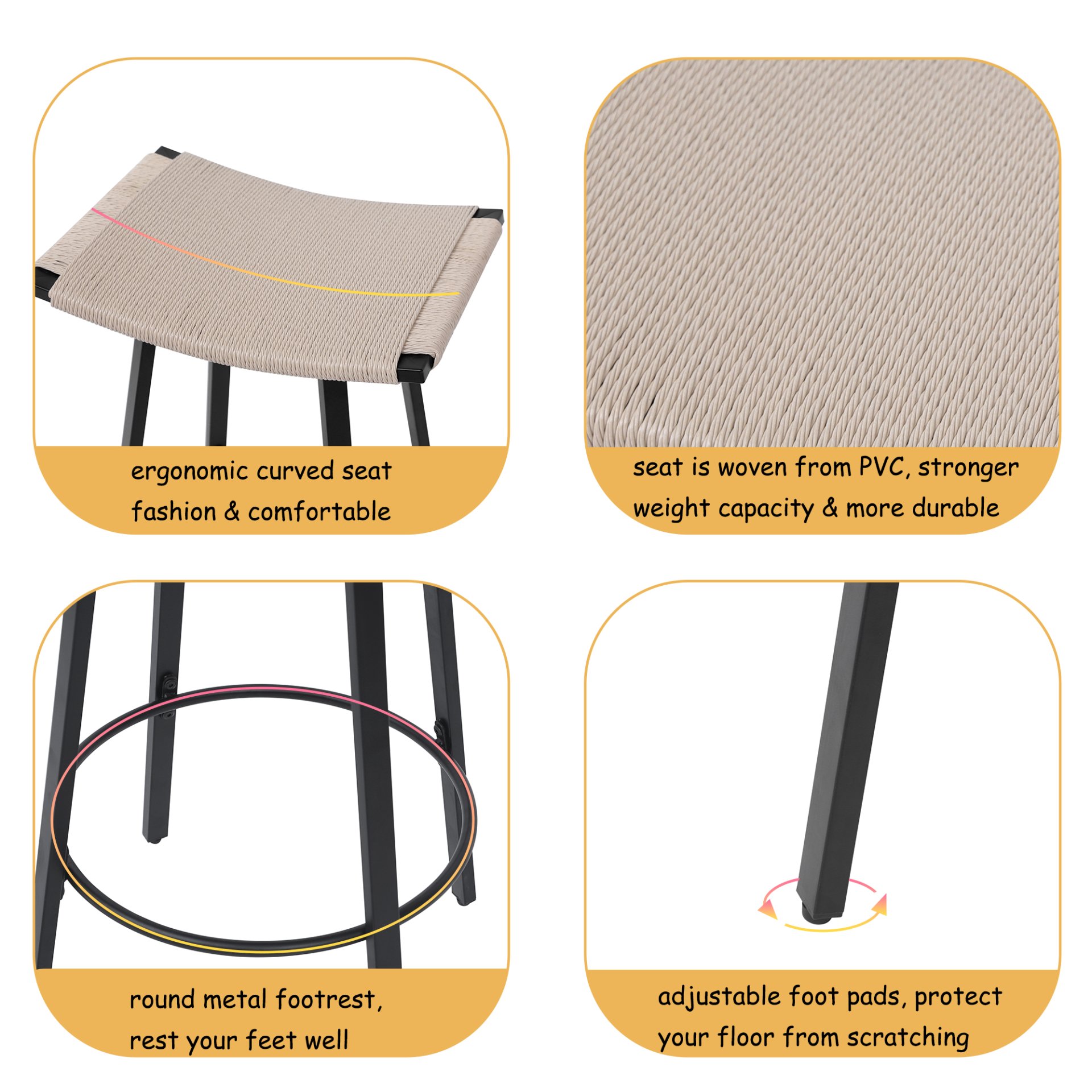 Counter Height Bar Stools Backless Handwoven Kitchen Dining Chairs With Round Footrest (Set of 2) Weaving Pub Stoo - Creamy White - Image 7