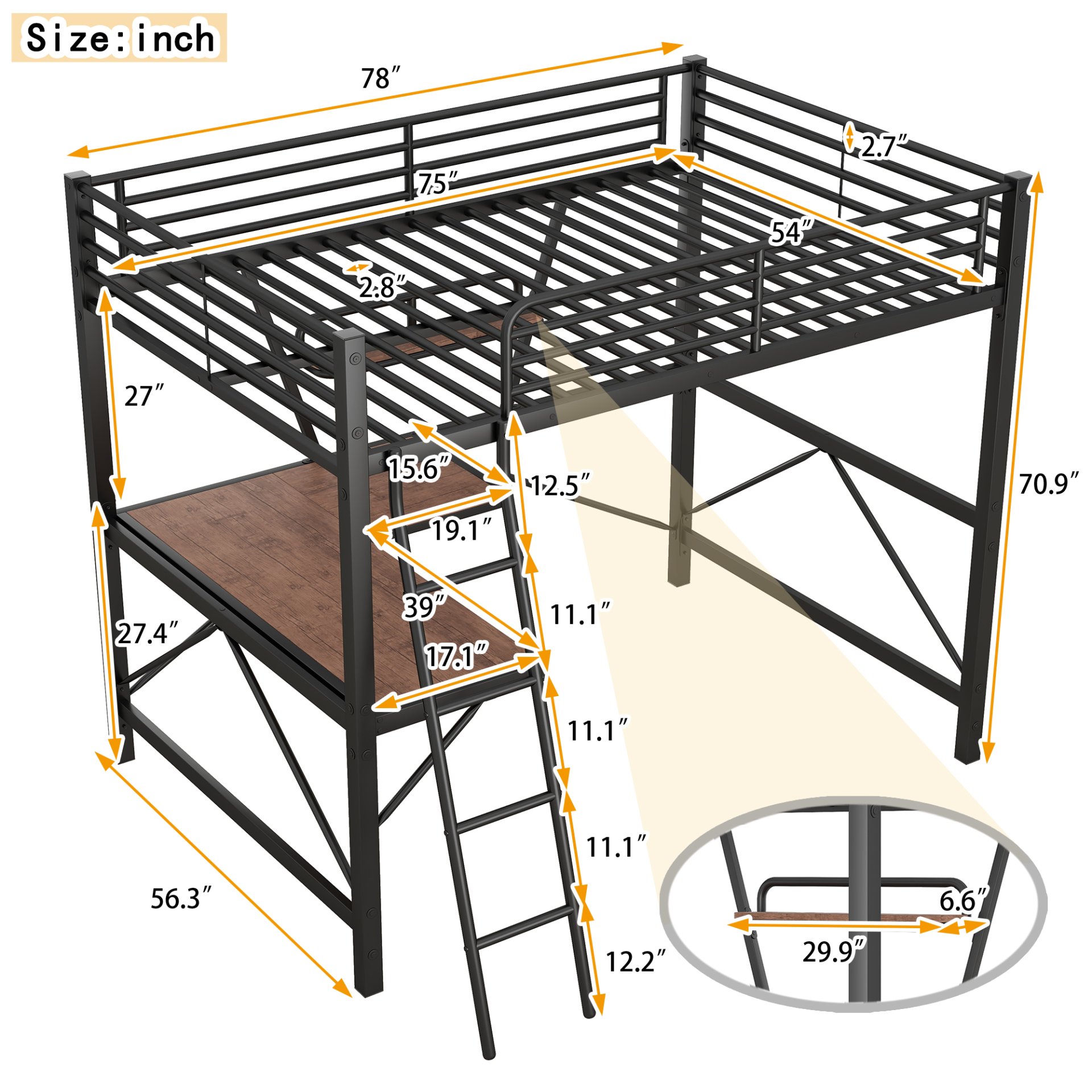 Full Size Loft Bed With Desk And Shelf - Black - Image 3