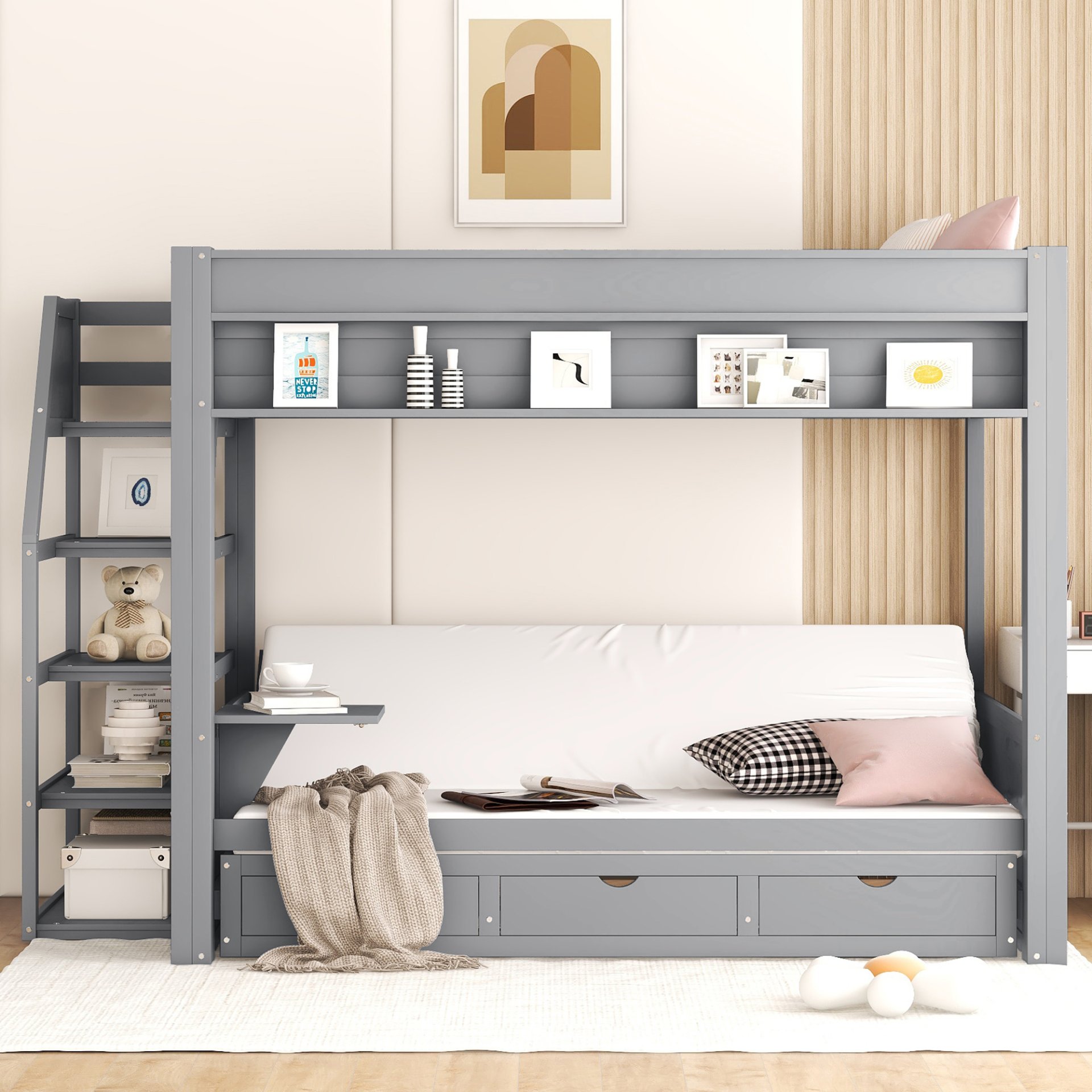 Wood Full Size Convertible Bunk Bed With Storage Staircase, Bedside Table, And 3 Drawers - Gray - Image 2
