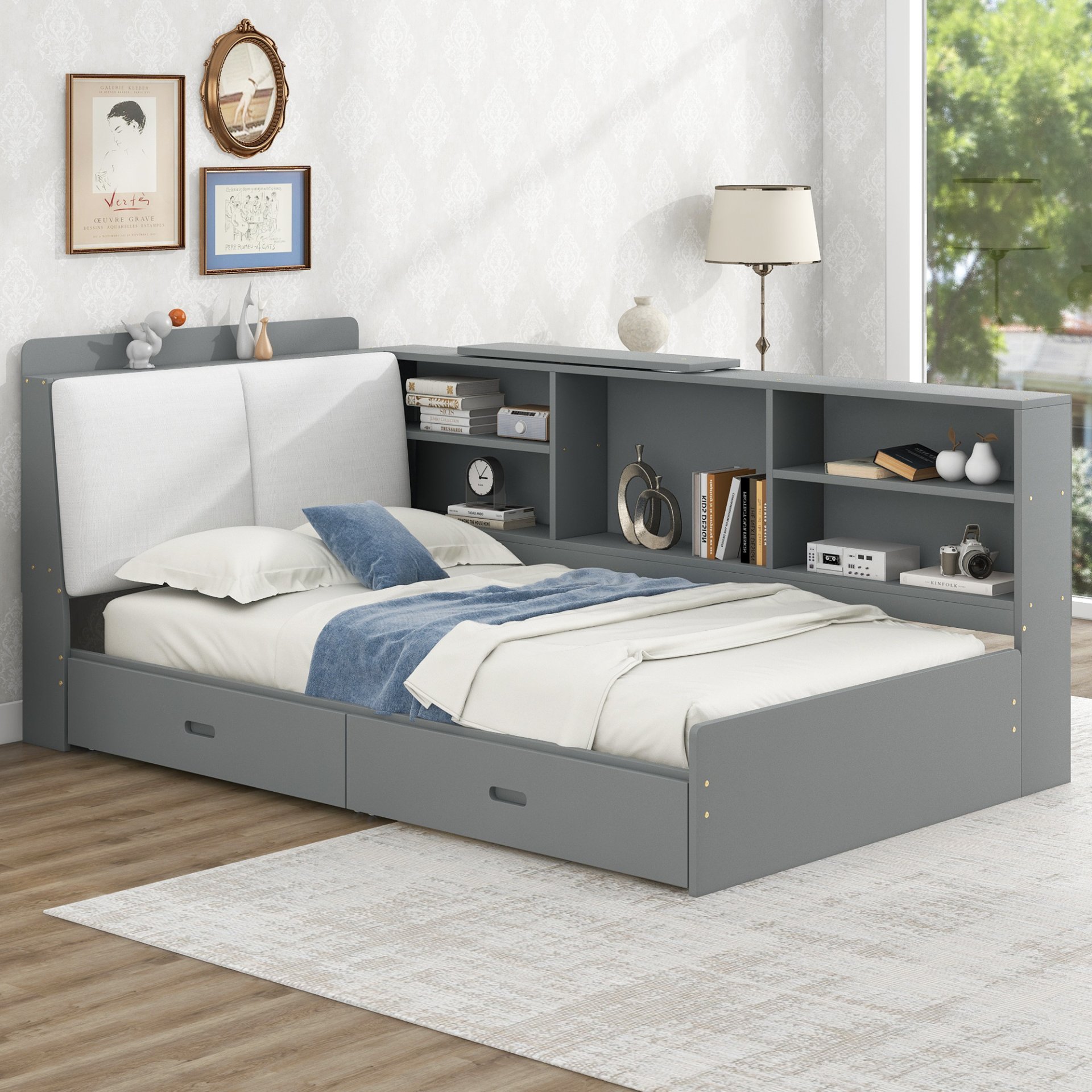 Twin Size Platform Bed With Storage Headboard, Shelves And 2 Drawers - Antique Gray - Image 5