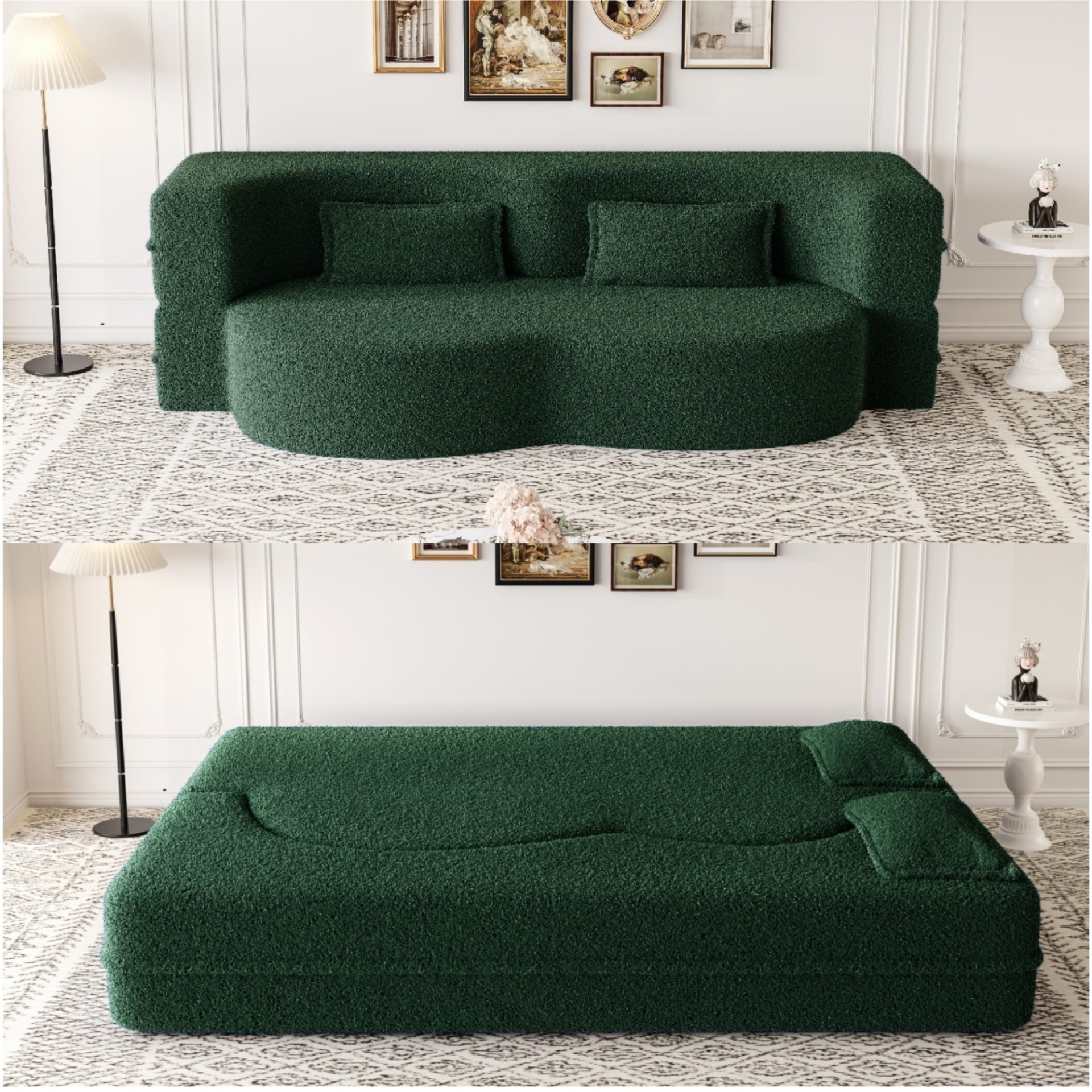 Modern Floor Sofa With 2 Pillows, Convertible Teddy Fabric Foam Filled Sleeper Sofa Bed, Full Size Folding Mattress For Living Room Guest Bed, Playroom, No Assembly Required - Green - Image 3