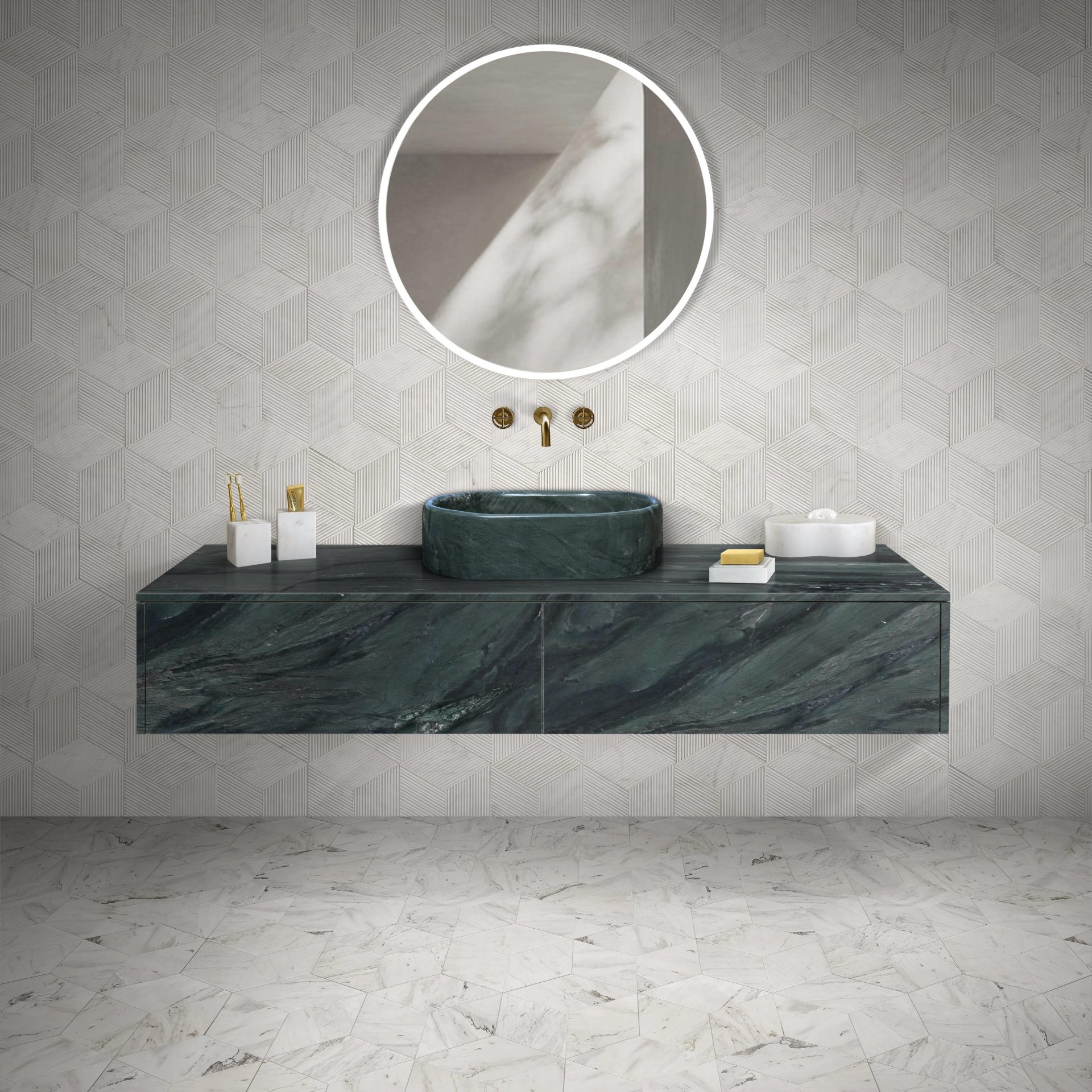 Vessel Sink, Semi Polished Surface, Genuine Real Marble, Oval Shape - Green - Image 3