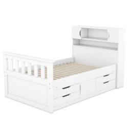 Twin Size Captain Platform Bed Frame With Storage Bookcases, Shelves, And 4 Drawers - White