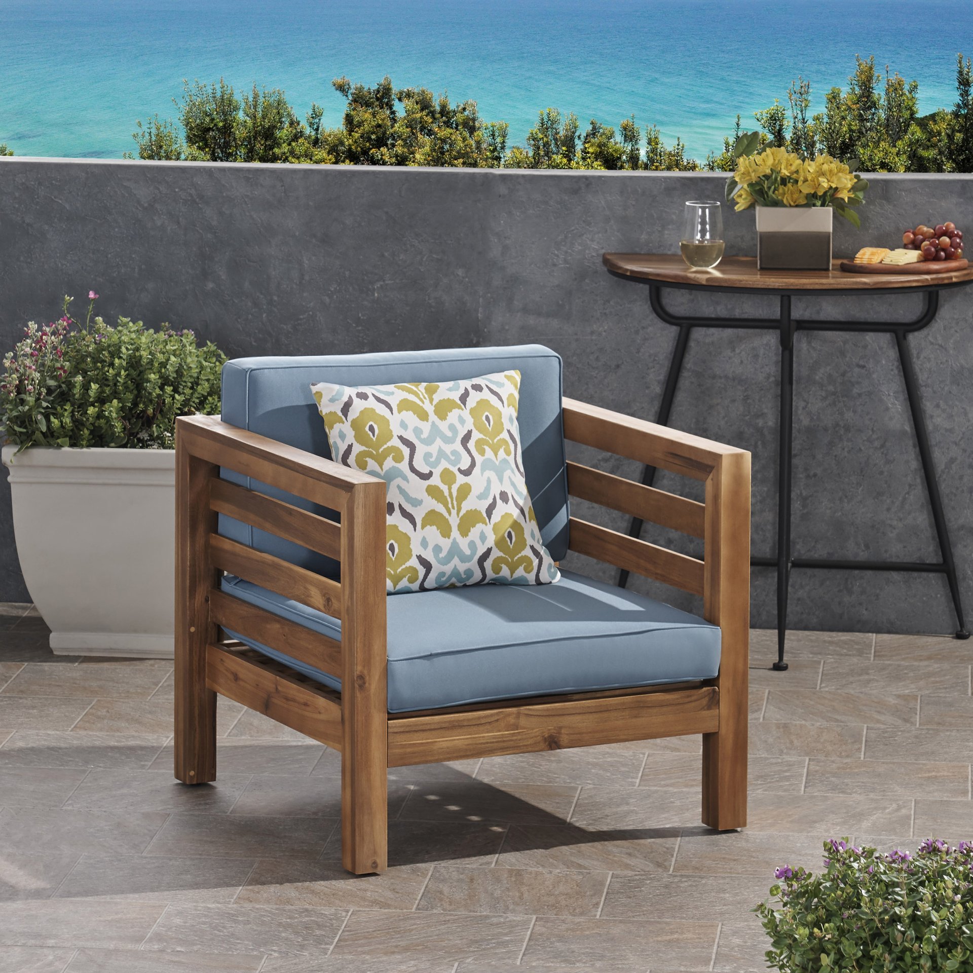 Outdoor Club Chair, Acacia Wood Patio Chair With Fabric Cushion For Backyard, Poolside, Garden Or Porch - Pecan / Blue - Image 5