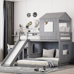 Twin Over Full Loft Bunk Bed With Playhouse, Farmhouse, Ladder, Slide And Guardrails - Gray