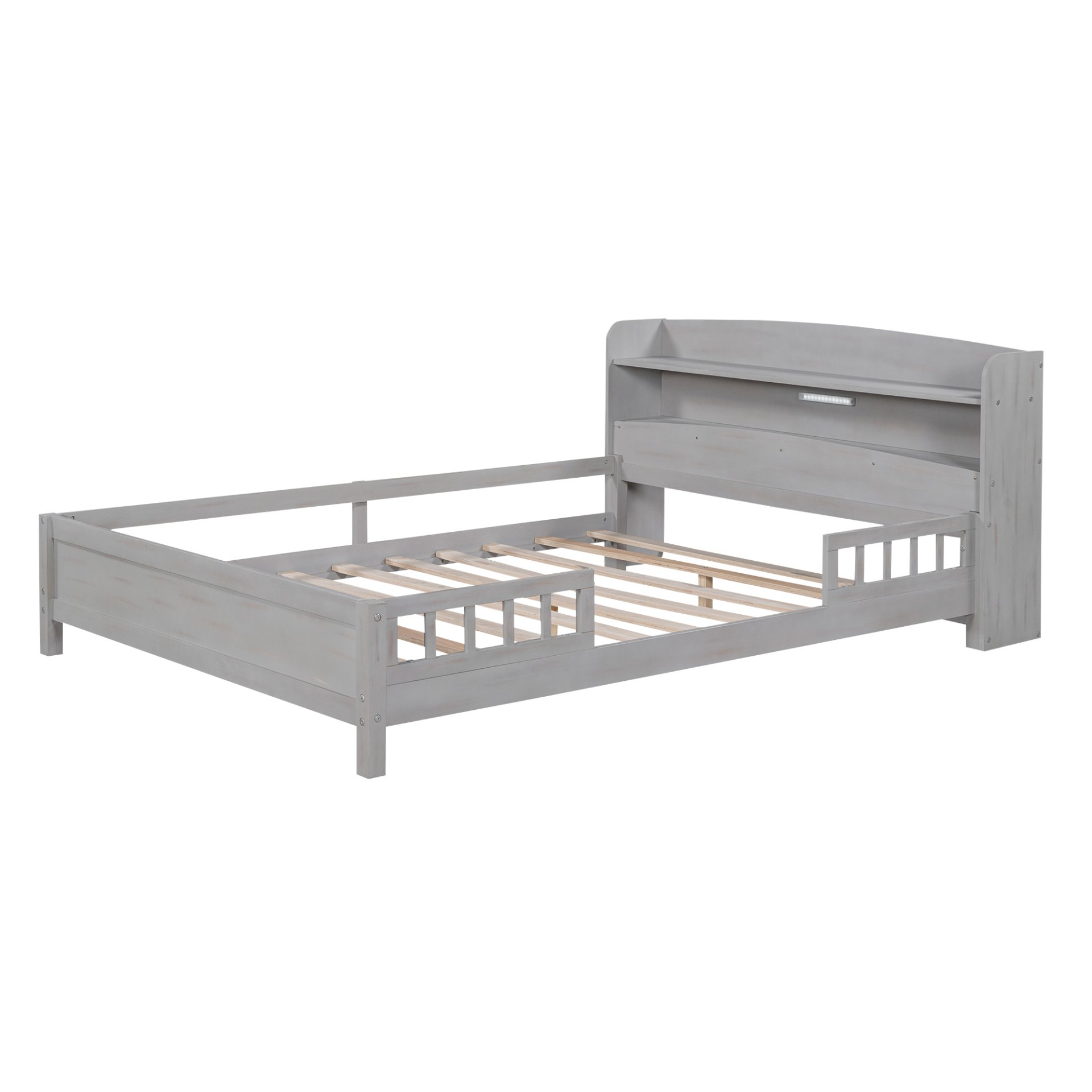 Full Size Platform Bed With LED Light, Storage Headboard And Guardrail - Antique Gray - Image 6