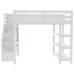 Full Size Loft Bed With 4 Layer Shelves, Storage Staircase, Small Wardrobe, LED Light - White