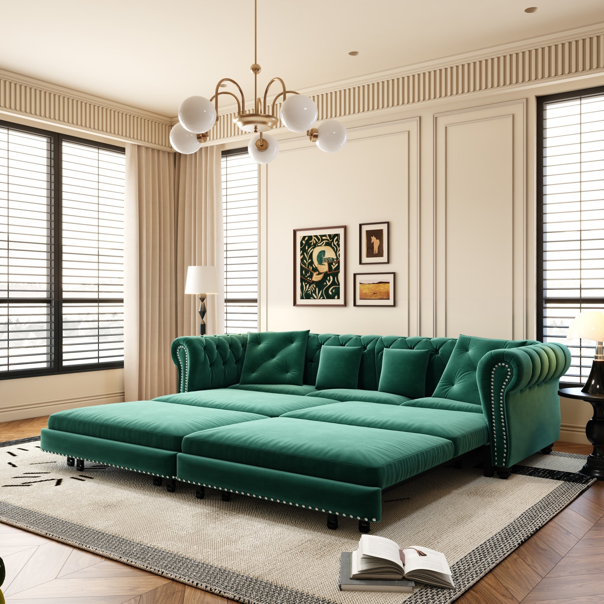 3 In 1 Pull Out Sofa Bed, Convertible Sleeper Sofa Bed, 3 Seater Sofa With Movable Ottoman - Green - Image 9