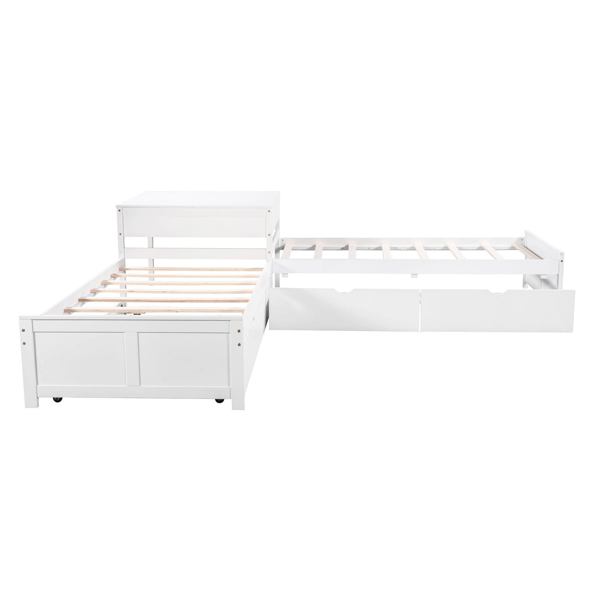L-Shaped Platform Bed With Trundle And Drawers Linked With Built In Desk, Twin - White - Image 12