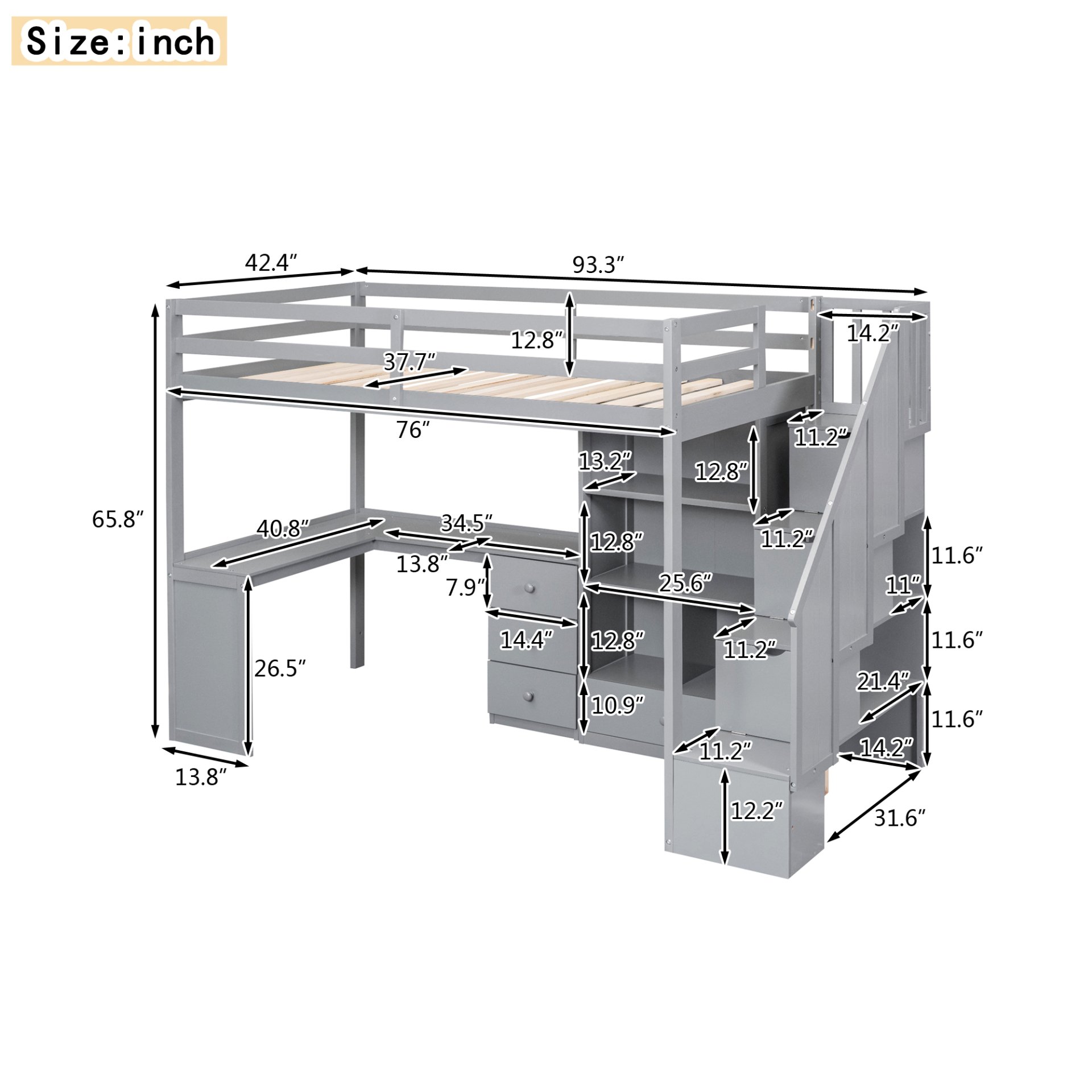 Twin Size Loft Bed With L-Shaped Desk, Drawers, Cabinet And Storage Staircase - Gray - Image 3